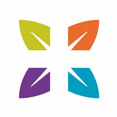 A logo with four colored leaf-like shapes arranged in a square pattern, each with a white slash in the middle. The colors are green, orange, purple, and blue.