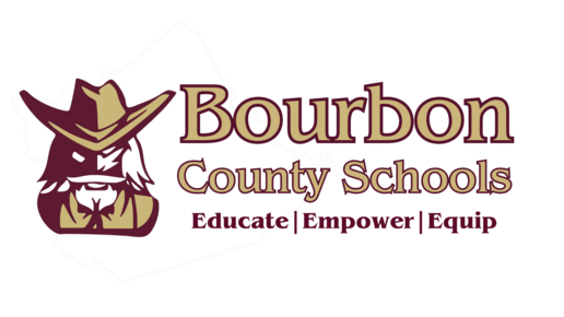 Logo of Bourbon County Schools featuring a stylized cowboy hat-wearing figure with a mustache, alongside the text 'Bourbon County Schools' and the words 'Educate | Empower | Equip' underneath.