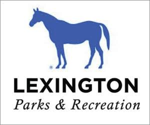 Logo featuring a blue horse silhouette above the text 'Lexington Parks & Recreation' in black.