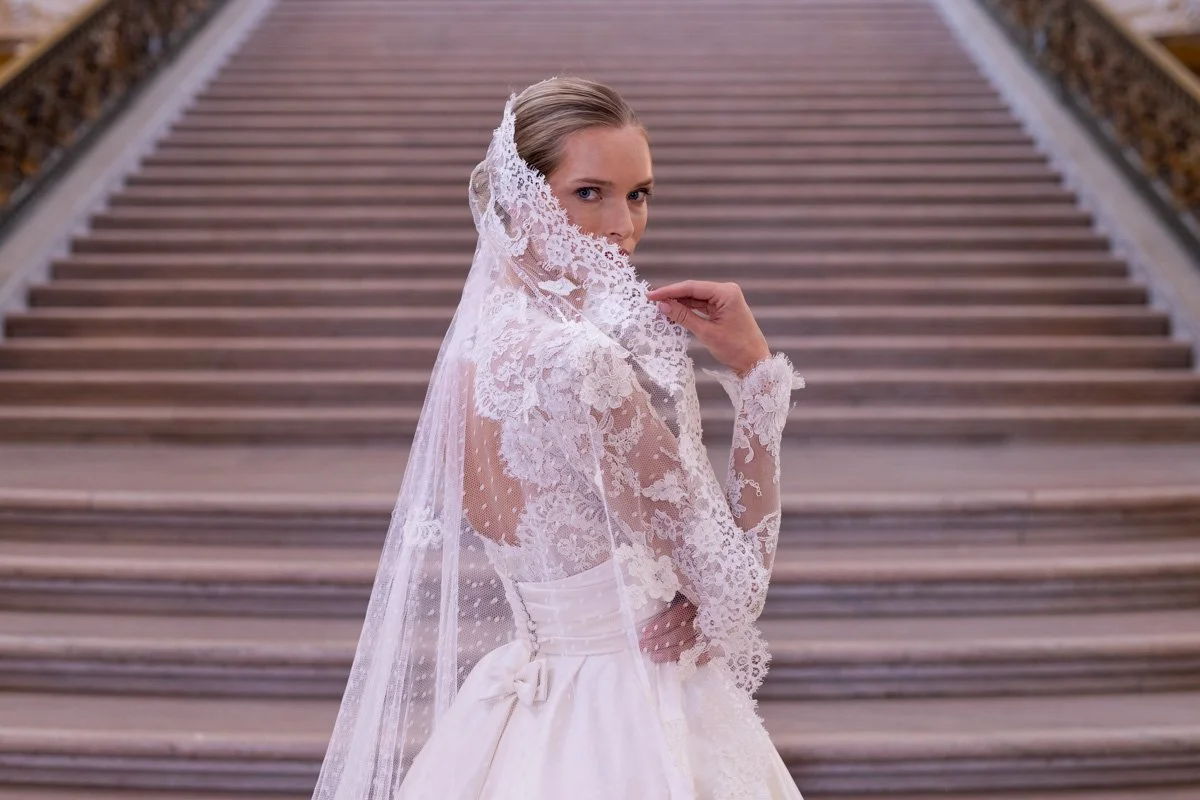 wedding dress fitted bodice full skirt Fitted Skirt Wedding Dress with Long Lace Sleeves