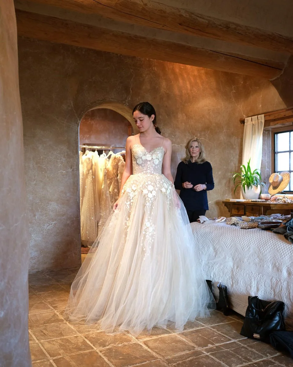 Bride trying on a wedding gown while Ellen Wise checks the work.