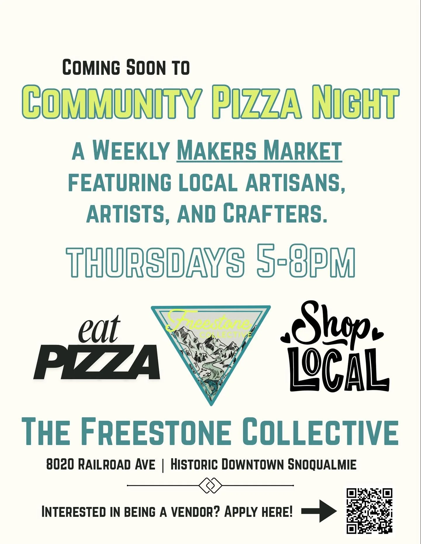 β¨ Coming soon β¨ A weekly Makers Market during Community Pizza Night! ππβ¨Shop local, meet the makers, and enjoy a perfect evening of great food + shopping.
π¨ Are you an artist, maker, or artisan who’d love to be part of it? Apply to be a vend