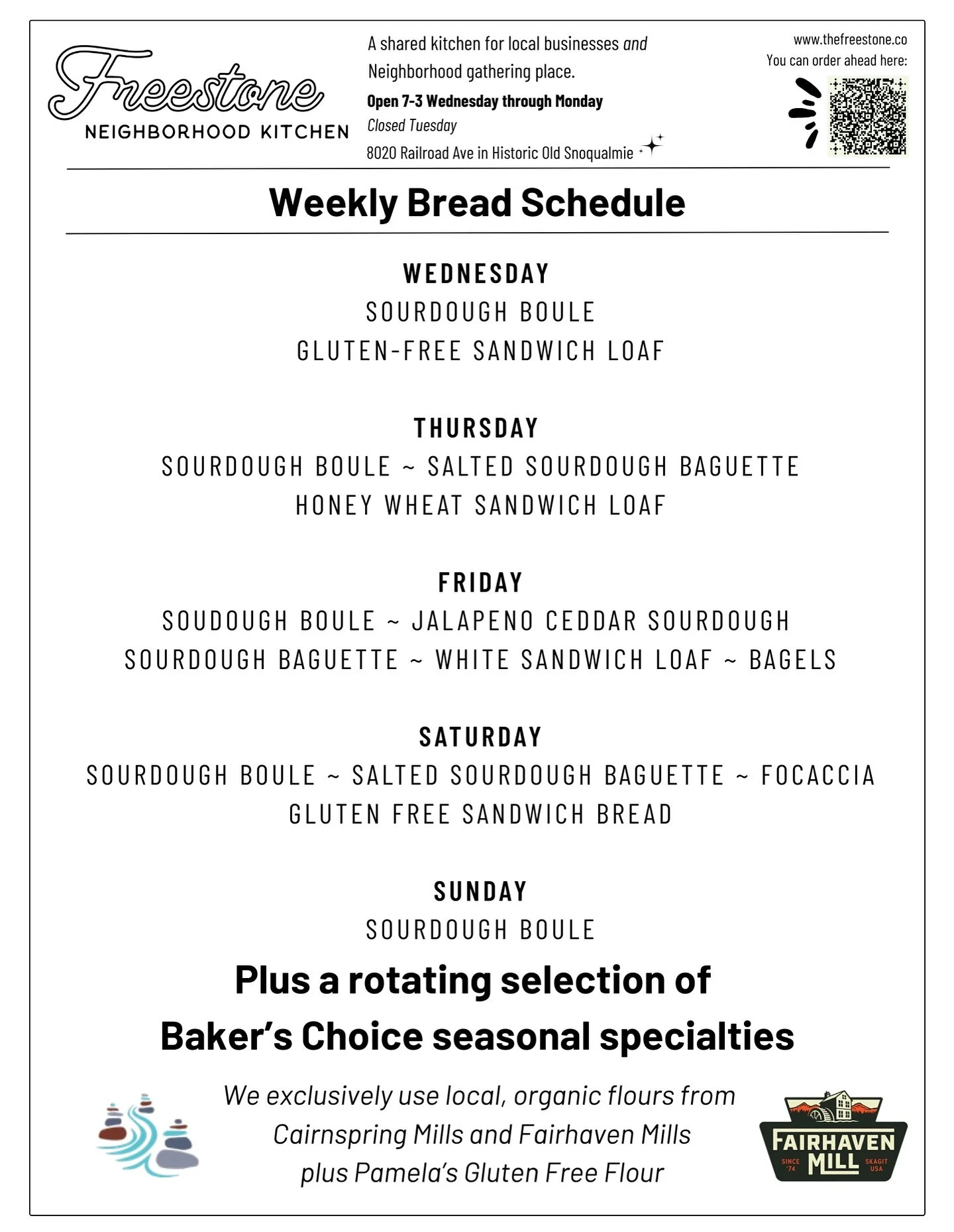 β¨Snoqualmie Valley Sourdough Lovers! Check Out Our Bread Schedule! Never miss out on your go-to sourdough flavors! Freshly baked every day with the finest ingredients! β¨