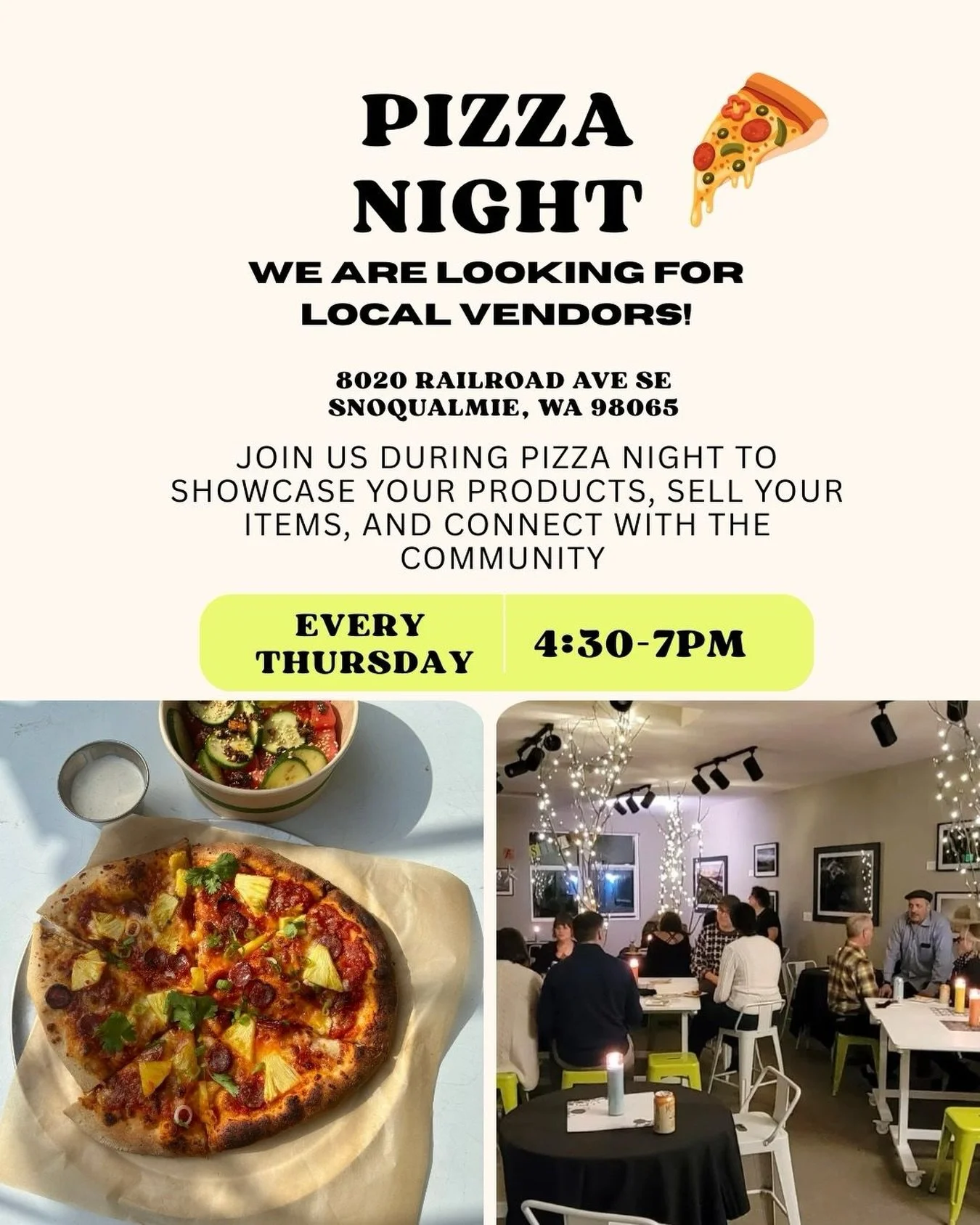 ✨ VENDORS WANTED! ✨
We are hosting a free vendor event every Thursday during Pizza Night (4:30&ndash;7 PM) in Snoqualmie!
If you create, bake, craft, or sell unique goods &mdash; we&rsquo;d love to have you join us upstairs in our cozy market space.
