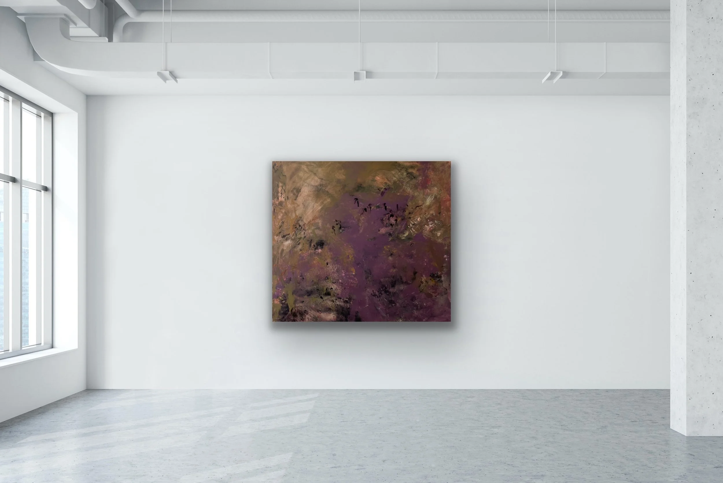 116 x 128 cm abstract landscape painting by Australian artist Chantelle Stewart, acrylic and mixed media on canvas.