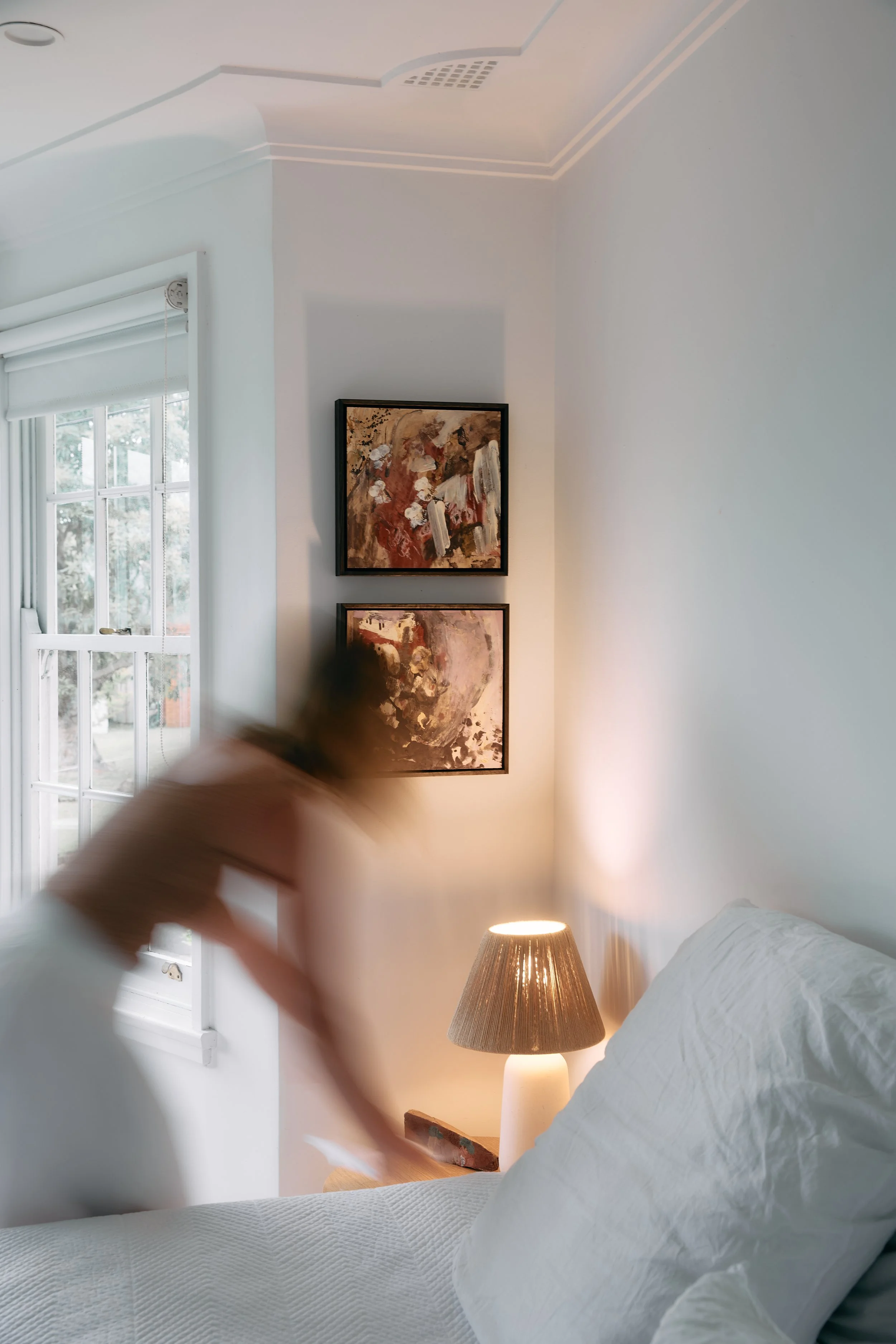 Paper Bark abstract landscape painting styled in interior setting 30 x 30 cm by Chantelle Stewart