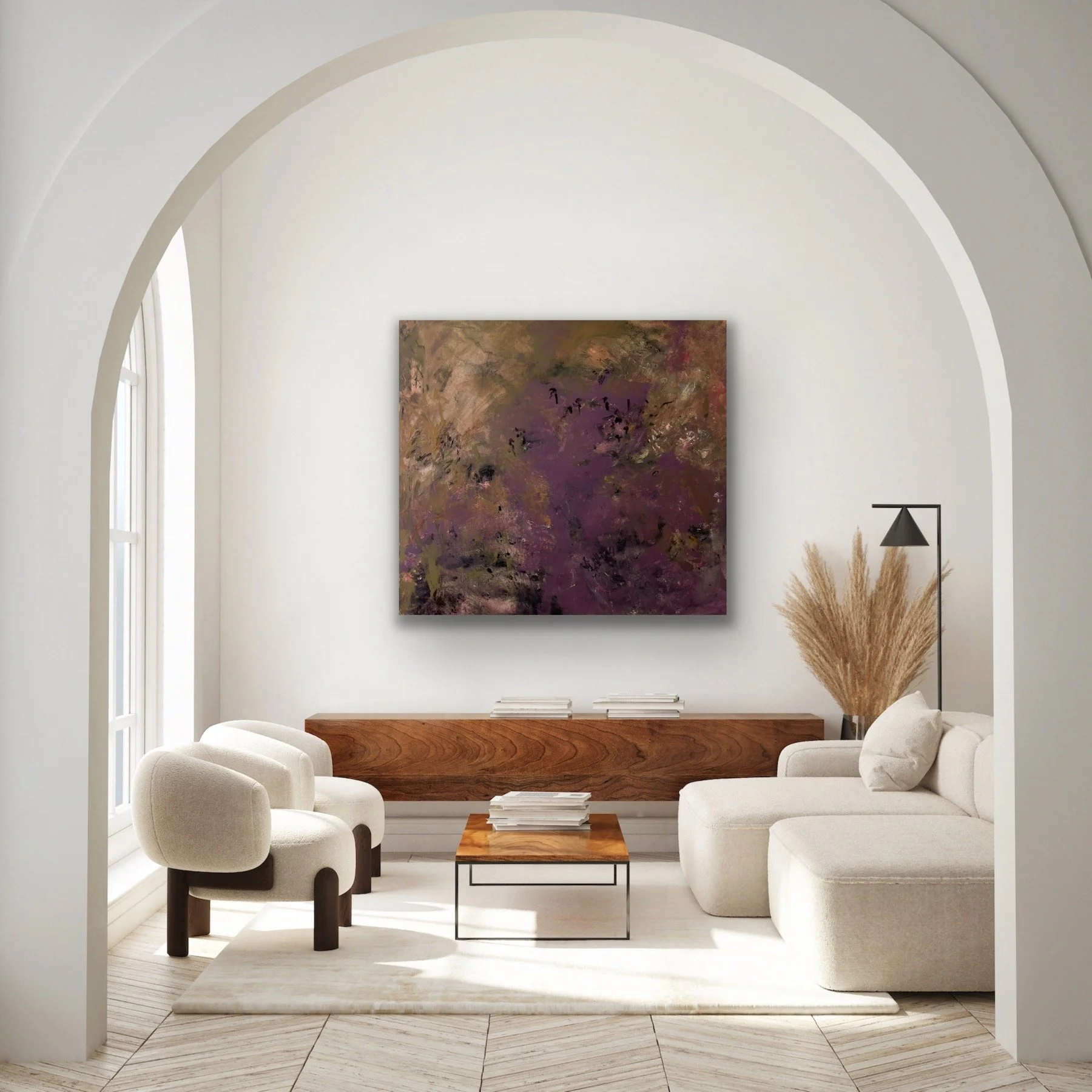 116 x 128 cm abstract landscape painting by Australian artist Chantelle Stewart, acrylic and mixed media on canvas.