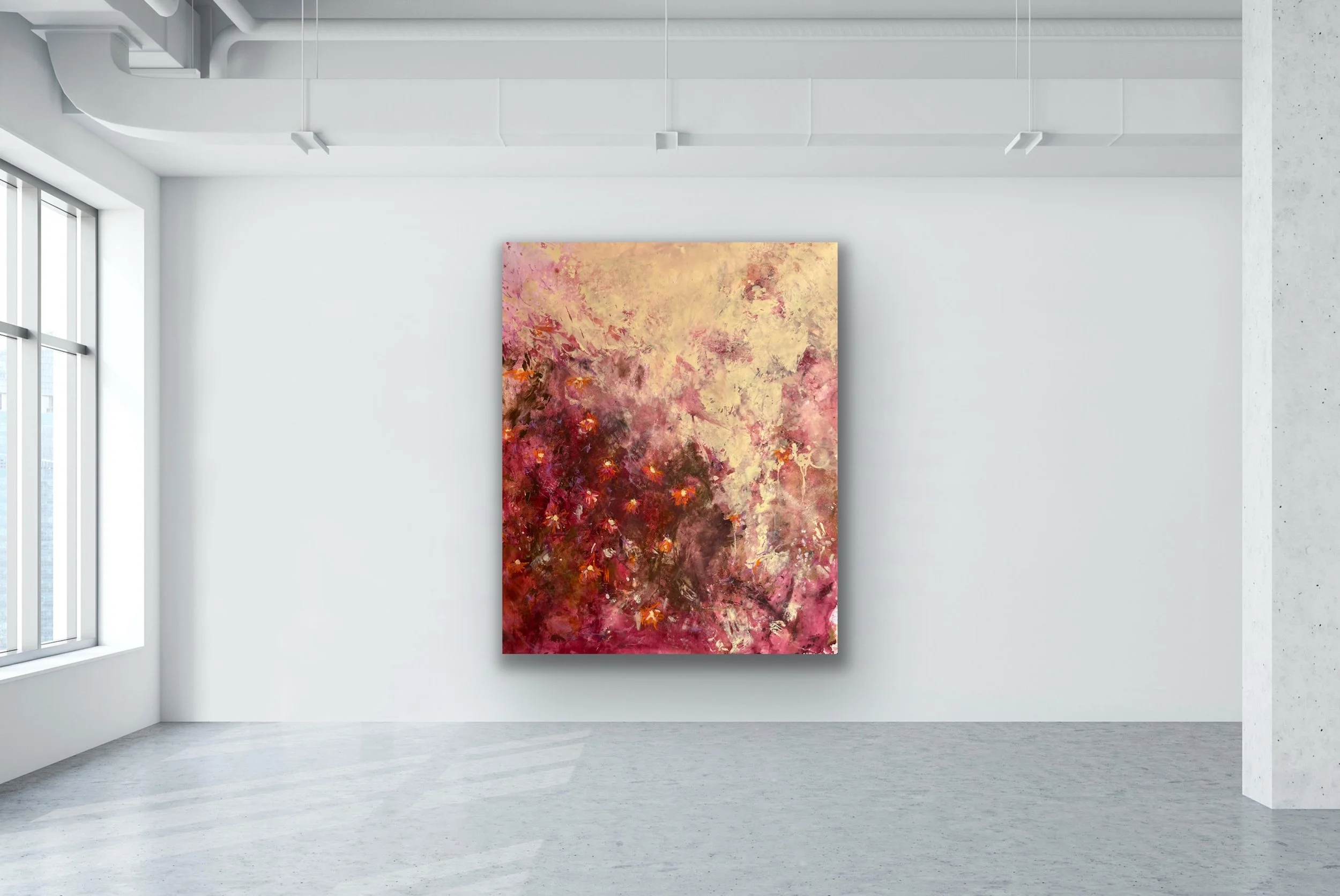 118 x 145 cm abstract landscape painting by Australian artist Chantelle Stewart, acrylic and mixed media on canvas.