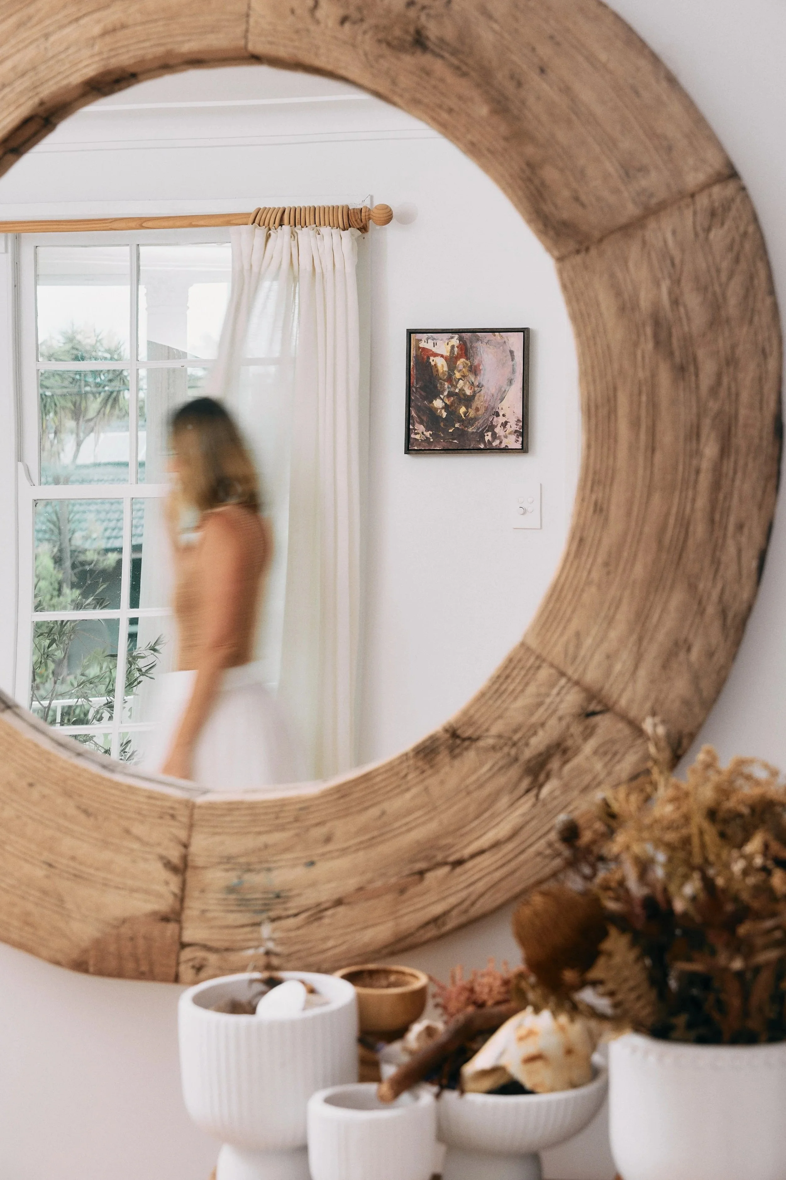 Framed 30 x 30 cm abstract landscape painting by Australian artist Chantelle Stewart, acrylic and mixed media on timber panel