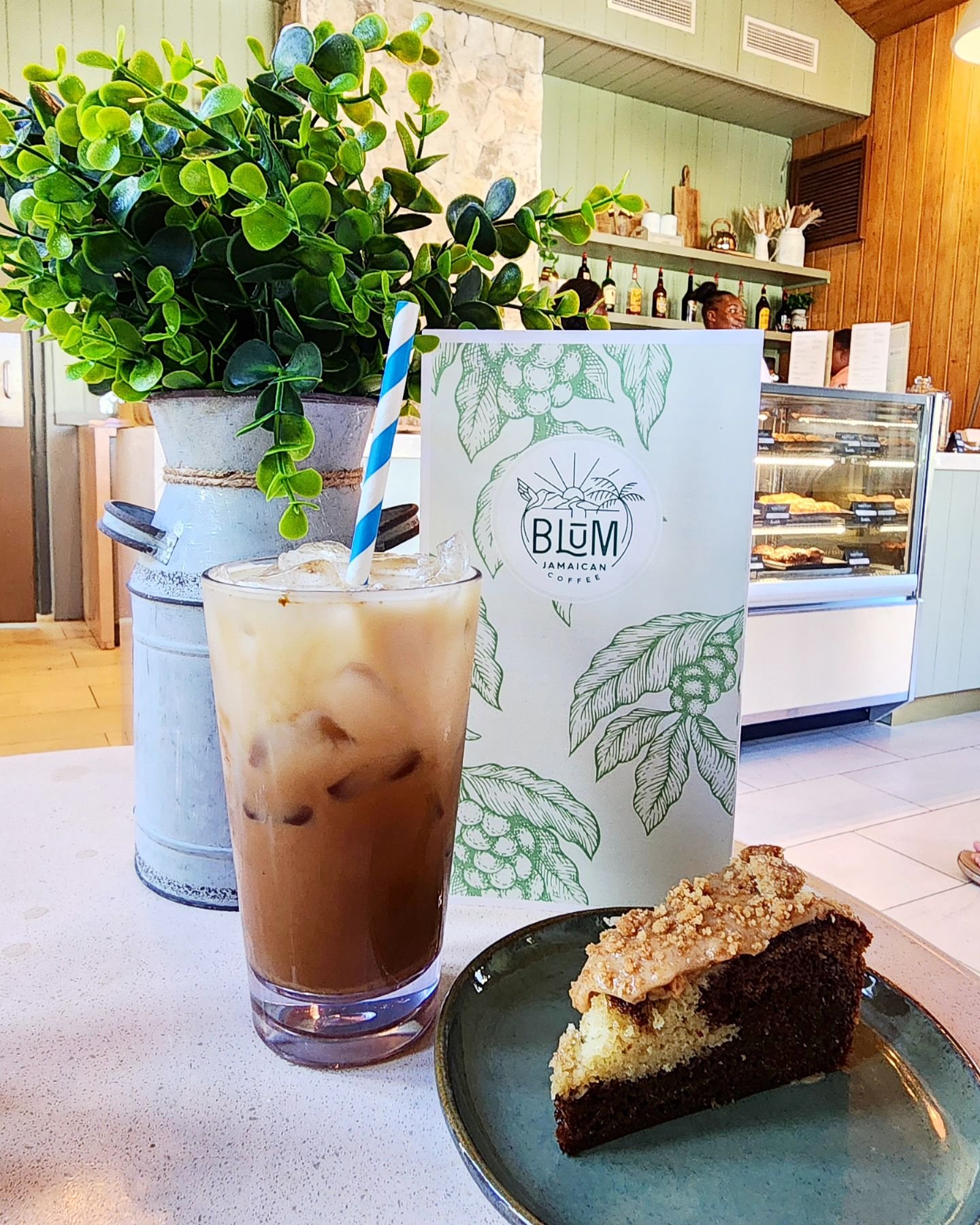 Breakfast at Blum. Iced carmel latte with delicious coffee cake for the win! This coffee shop at Sandals Saint Vincent is a perfect stop in the morning for a light, pastry breakfast and Blue Mountain coffee. Of course you will want to pop back in the