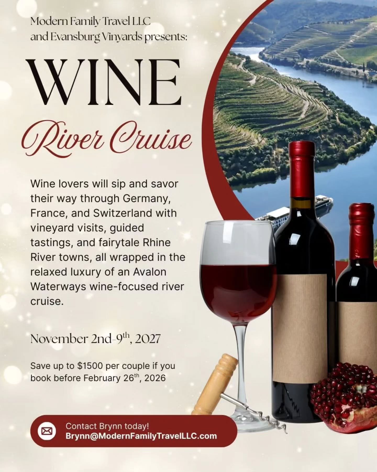 🍇 Calling All Wine Lovers! 🍷

Imagine sipping incredible wines while cruising past castles, vineyards, and charming river towns in Germany, France, and Switzerland.

Join us for the Romantic Rhine for Wine Lovers River Cruise

📅 November 2&ndash;9