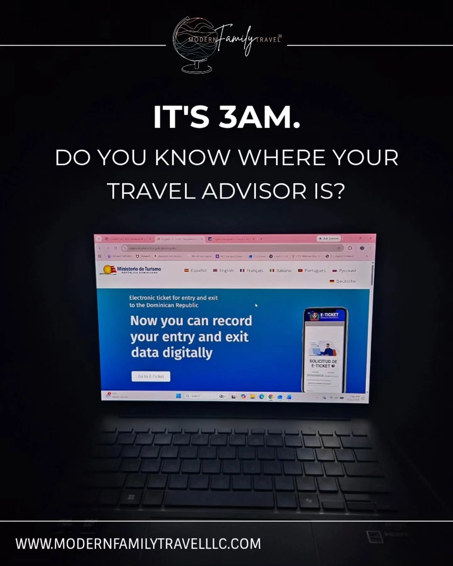 3am or 3pm... if you are traveling, we are here to help! 🙌 

No call center.
No hold music.
No "Can you repeat your name for me so I can look up your booking?"

Travel smart. Book your next vacation with a Modern Family Travel&reg;️ adviso