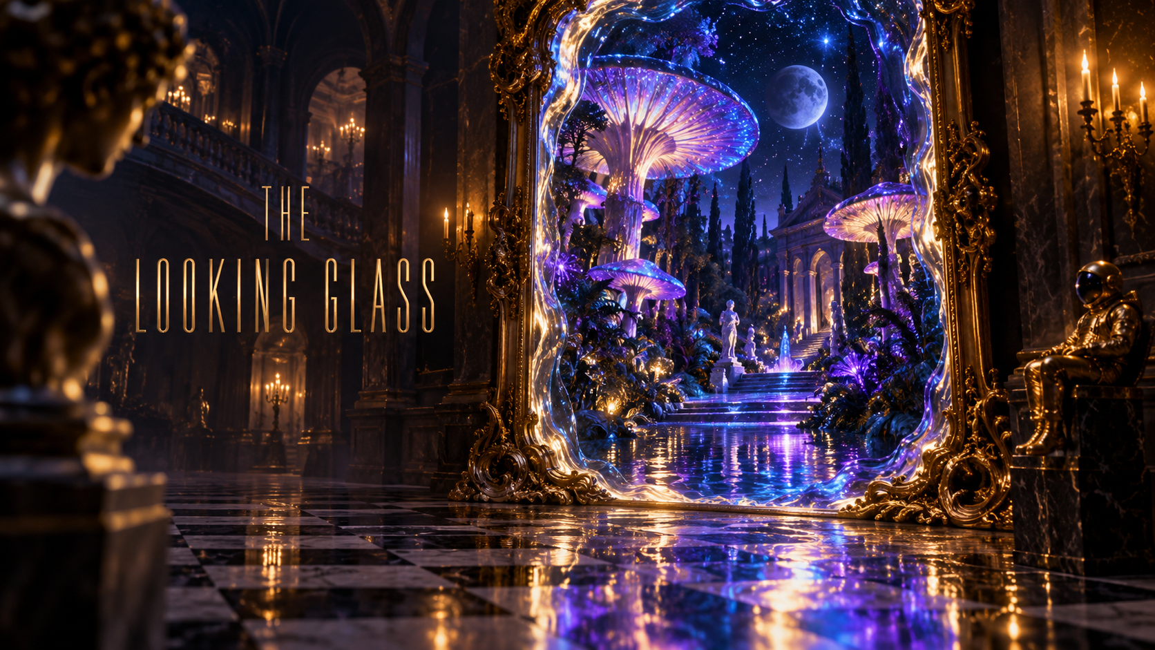 The Looking Glass — a gold mirror opens onto a violet enchanted garden