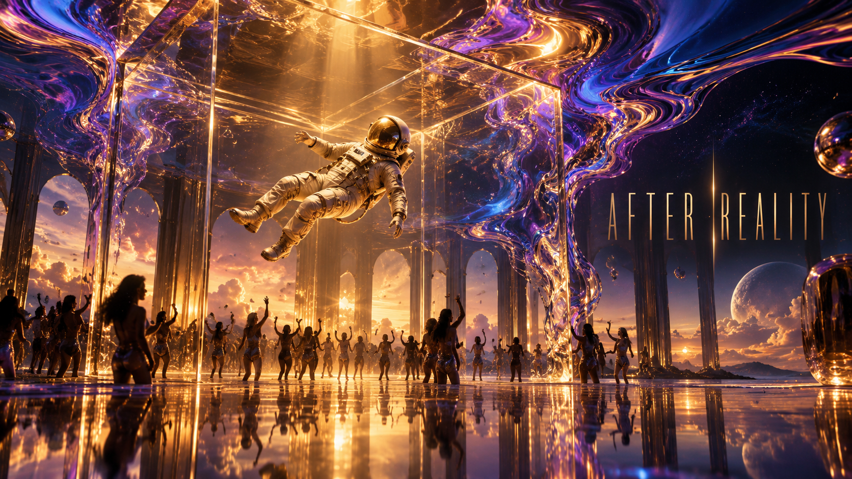 After Reality — an astronaut floats above a gold and violet dance floor