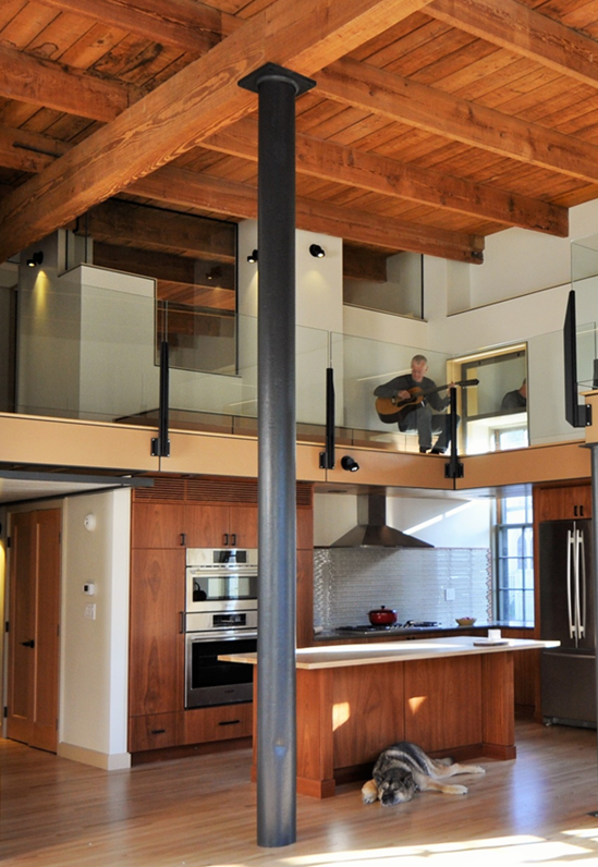 Photo showing the completed kitchen and music loft nook.