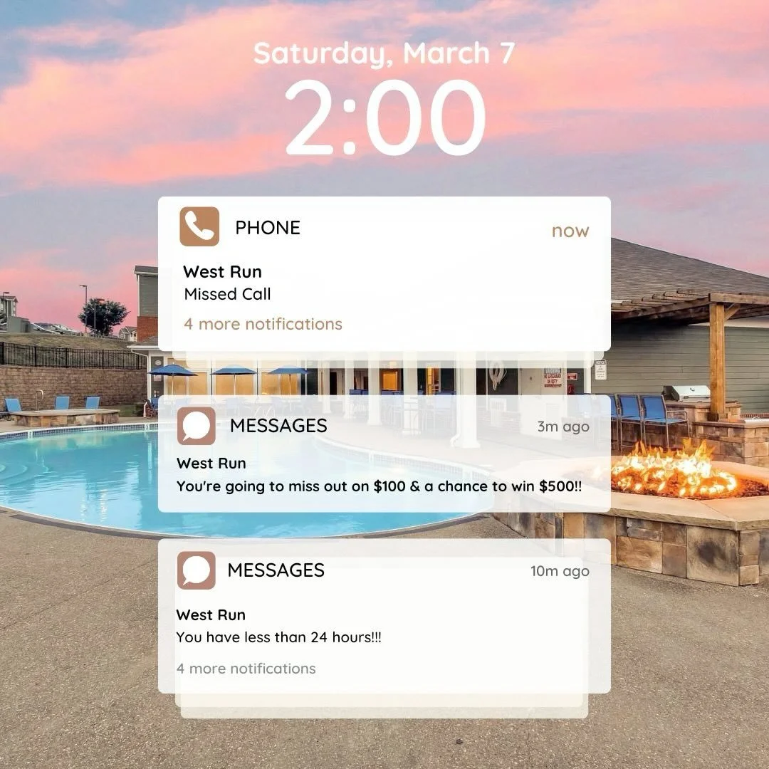 📞 Missed calls from West Run? This is your sign to call us back!
You have less than 24 hours to sign your lease and secure a $100 gift card AND be entered for a chance to win $500 💸
Don&rsquo;t miss out-lock in your spot before time runs out! ⏳
#si