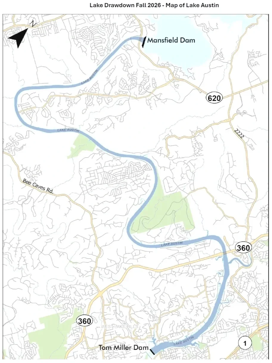 Exposed lakebed shoreline on Lake Austin during fall drawdown