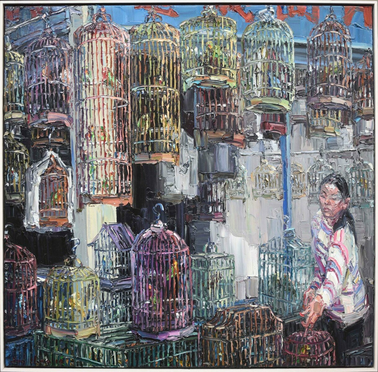 alt="Bird Cage by Jun Chen, 2016, oil on canvas, 105 x 103 cm. Provenance: Nanda\Hobbs Contemporary, Sydney; Private Collection, Melbourne, acquired in 2019."