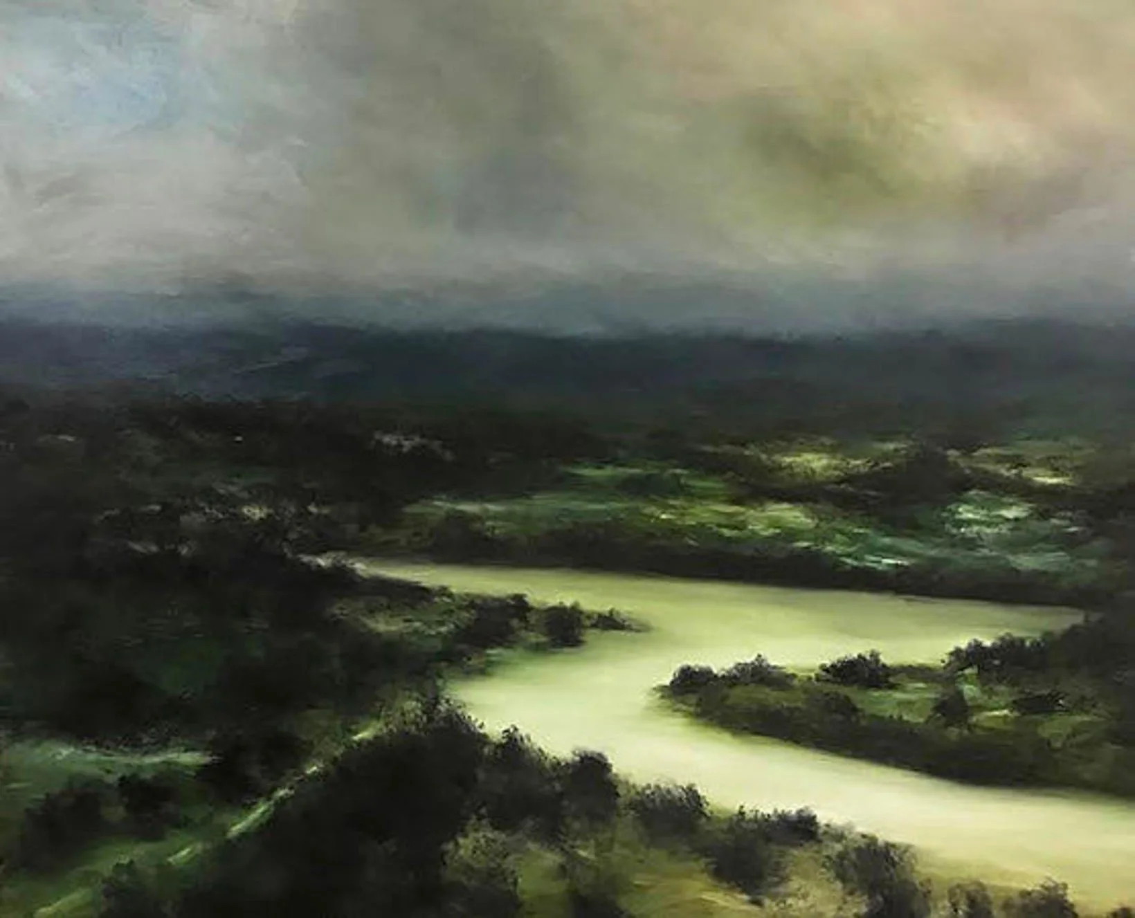 An oil painting of a landscape with a winding river, green fields, trees, and a cloudy sky.