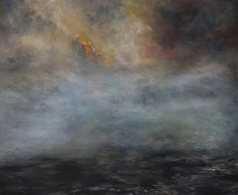 Abstract painting of a stormy sky with dark clouds and a turbulent ocean below, using broad brushstrokes and muted colors.