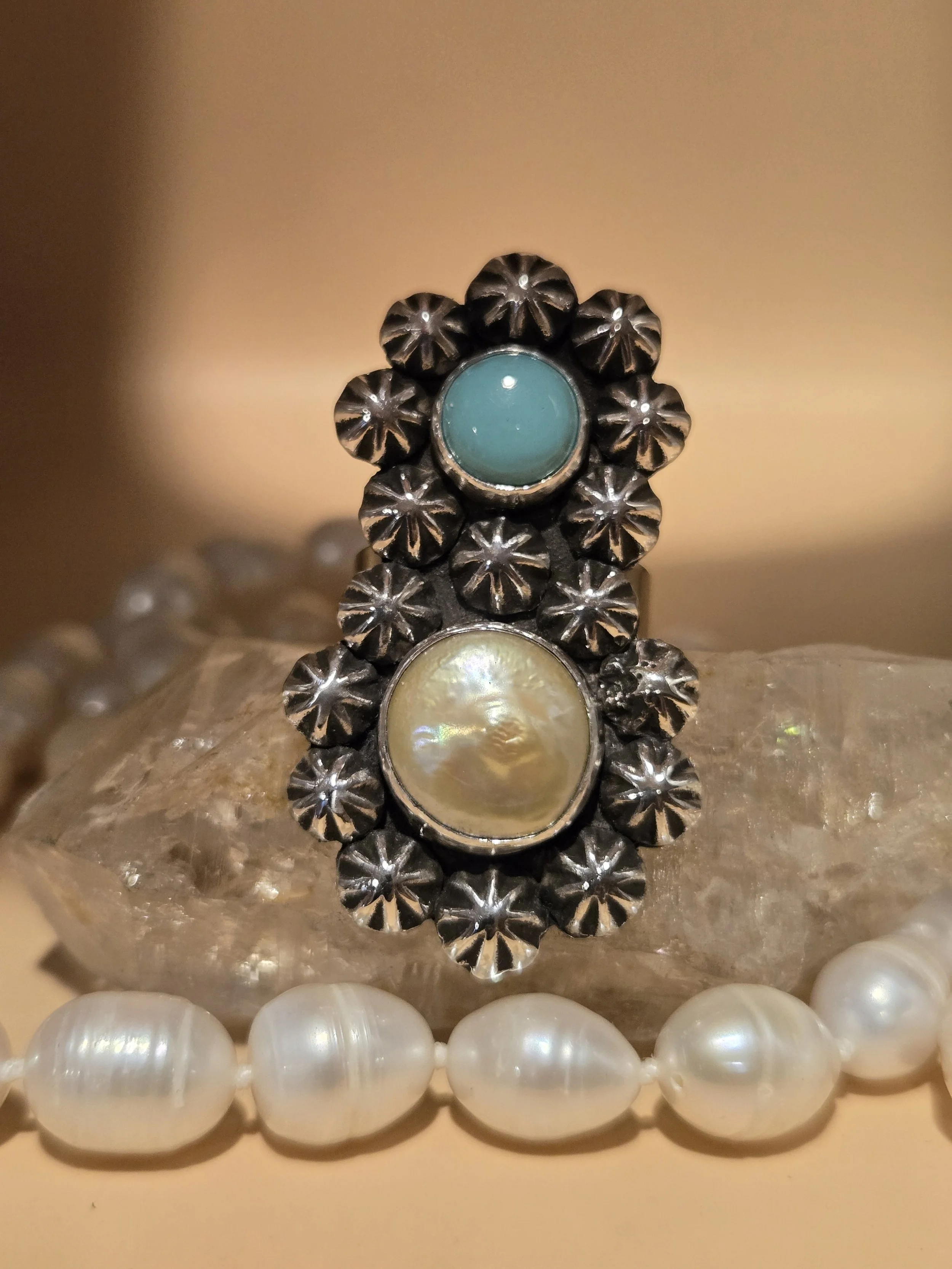 Celestial Freshwater Pearl and Turquoise Statement Ring with Recycled Silver