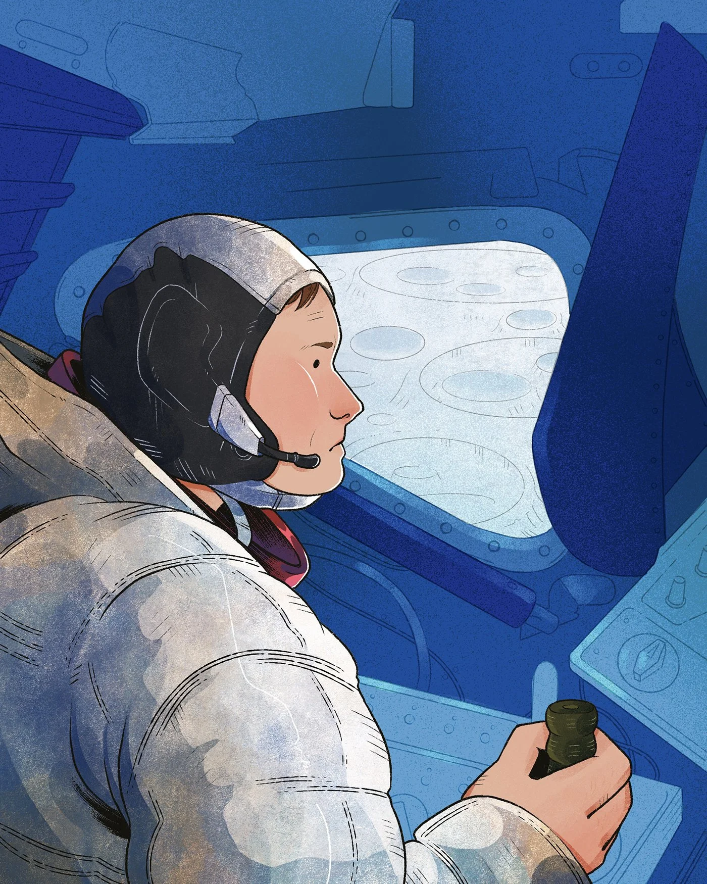 Illustration of Neil Armstrong piloting the lunar lander from "Big Moments in Space" (Collins Big Cat, 2025)