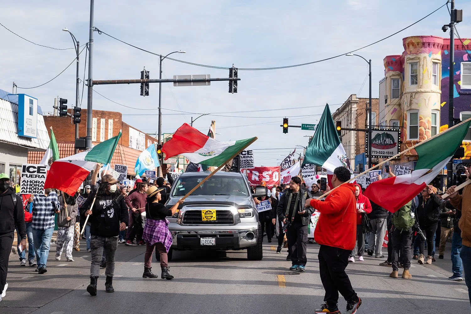 Miranda Ploss, covering a community demonstration in Little Village on Saturday, October 25, 2025