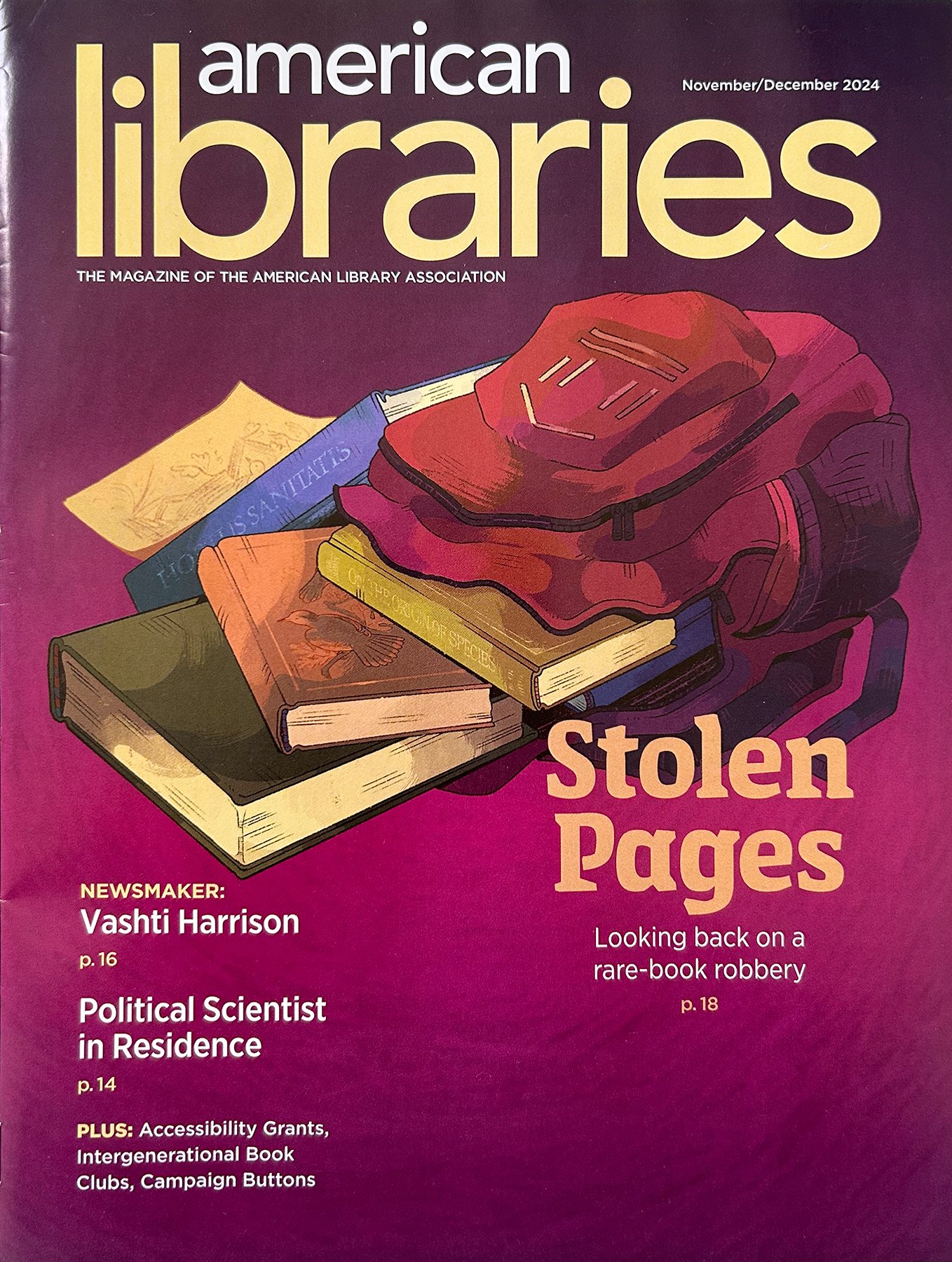 American Libraries Magazine November/December cover with illustration of backpack with nature books falling out