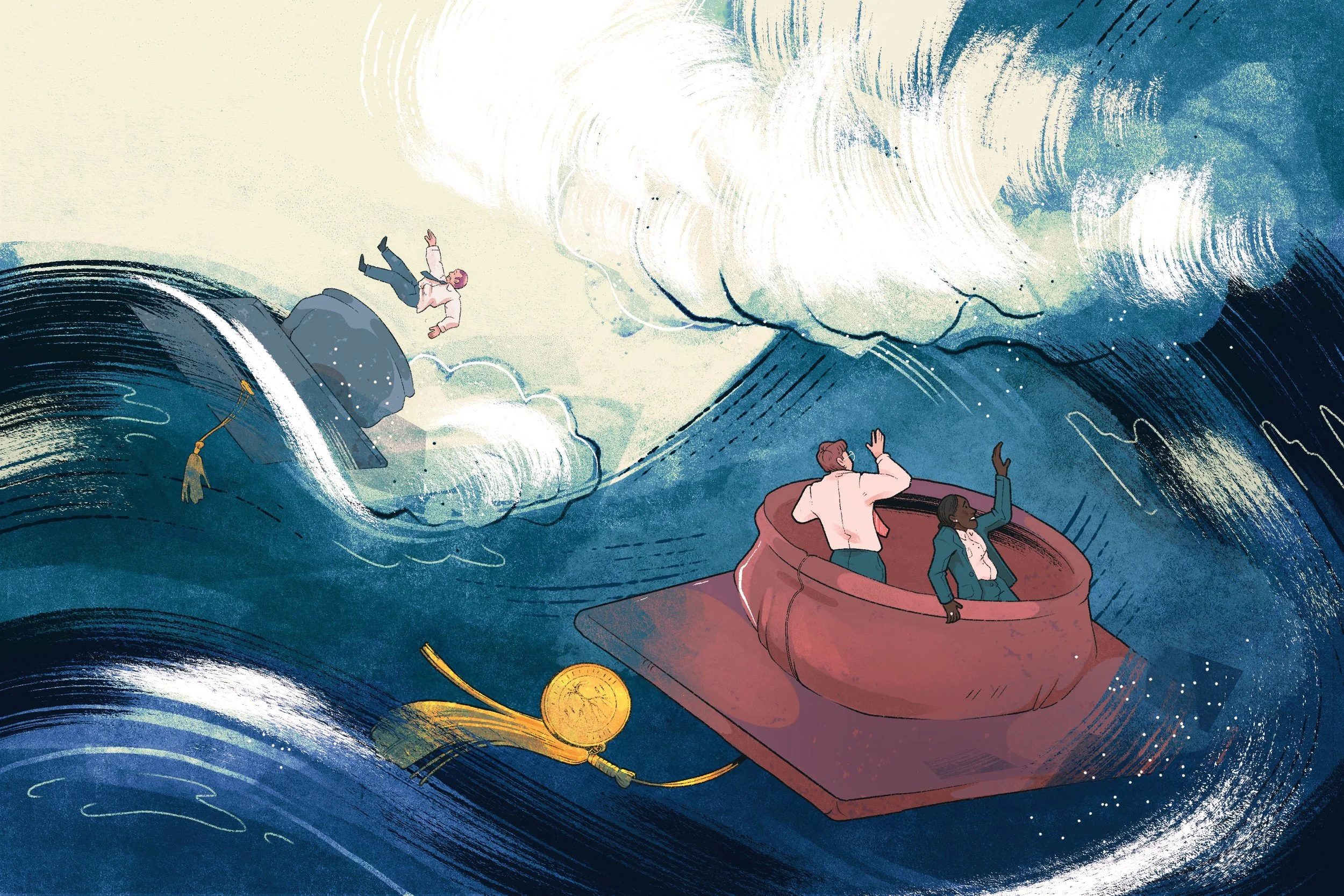Illustration for NPR National Public Radio showing distressed school administrators amidst a turbulent ocean