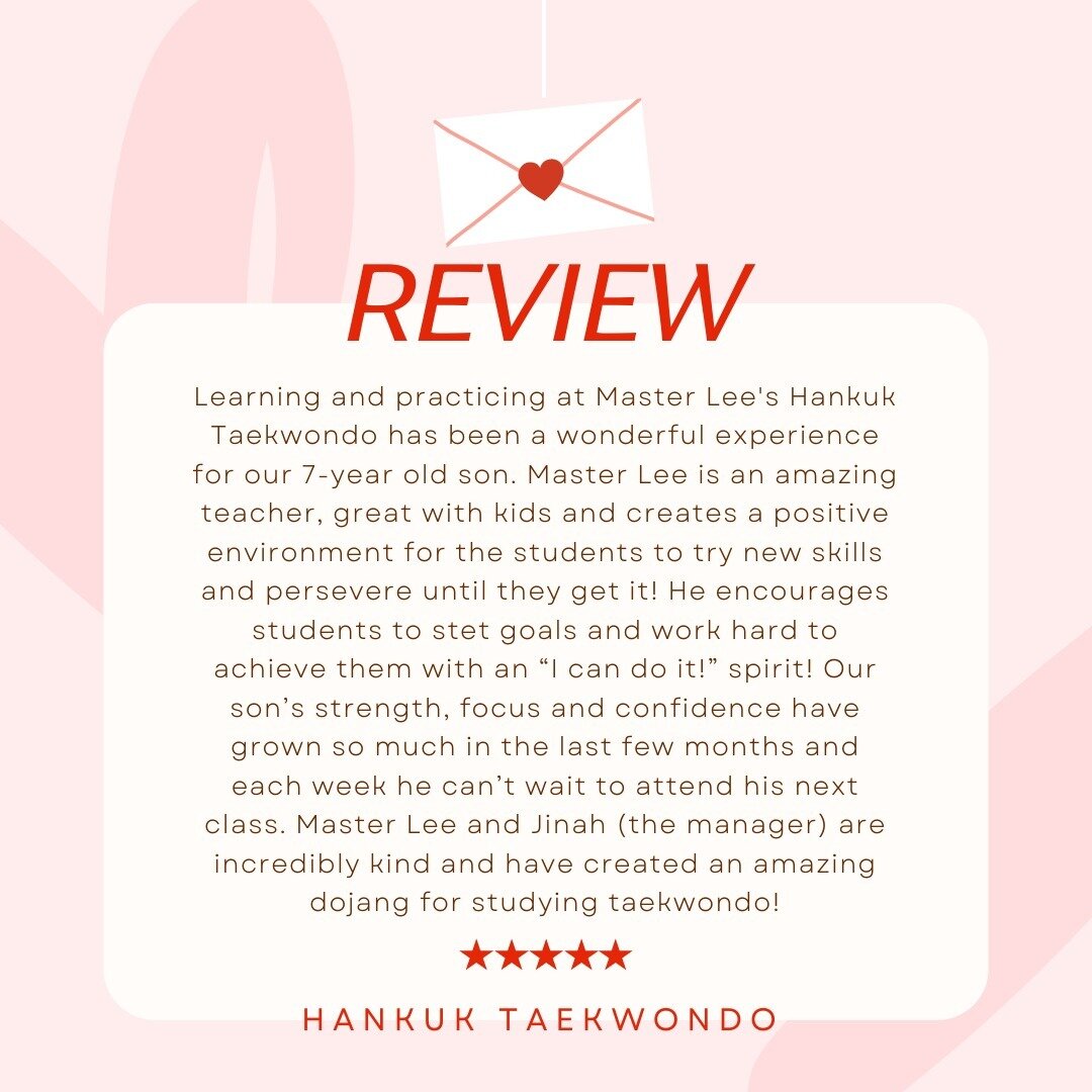 .

🥋 Review for Hankuk Taekwondo

✨ Thank you for the wonderful review of Master Lee's Hankuk Taekwondo! We're thrilled to hear about your son's positive experience and growth. Your kind words mean a lot to us and motivate us to continue providing t