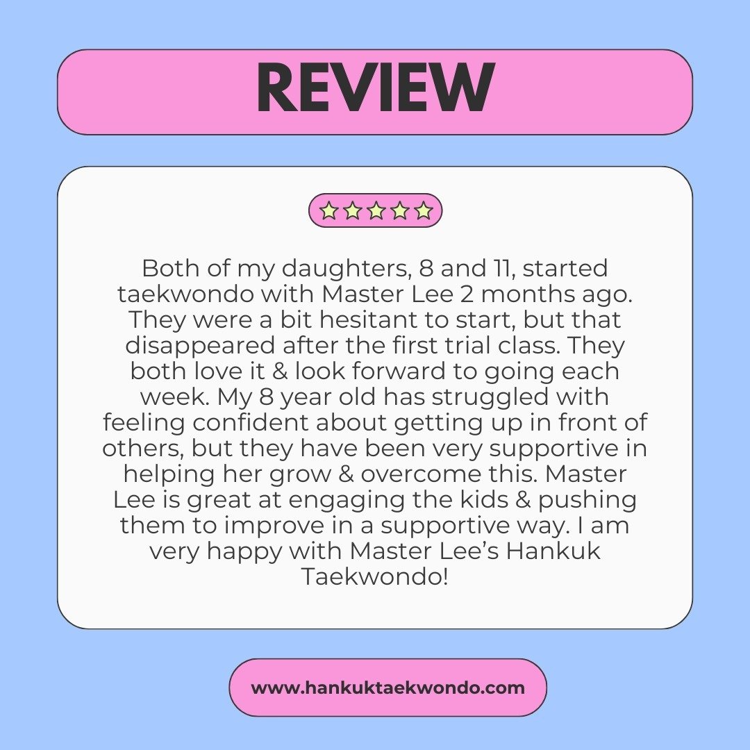 .

🥋 Review for Hankuk Taekwondo

✨ Thank you for sharing your experience at Hankuk Taekwondo School. We're delighted that your daughters have found joy and confidence in their journey with us. We also appreciate your support! ✨

#hankuk #hankuktaek