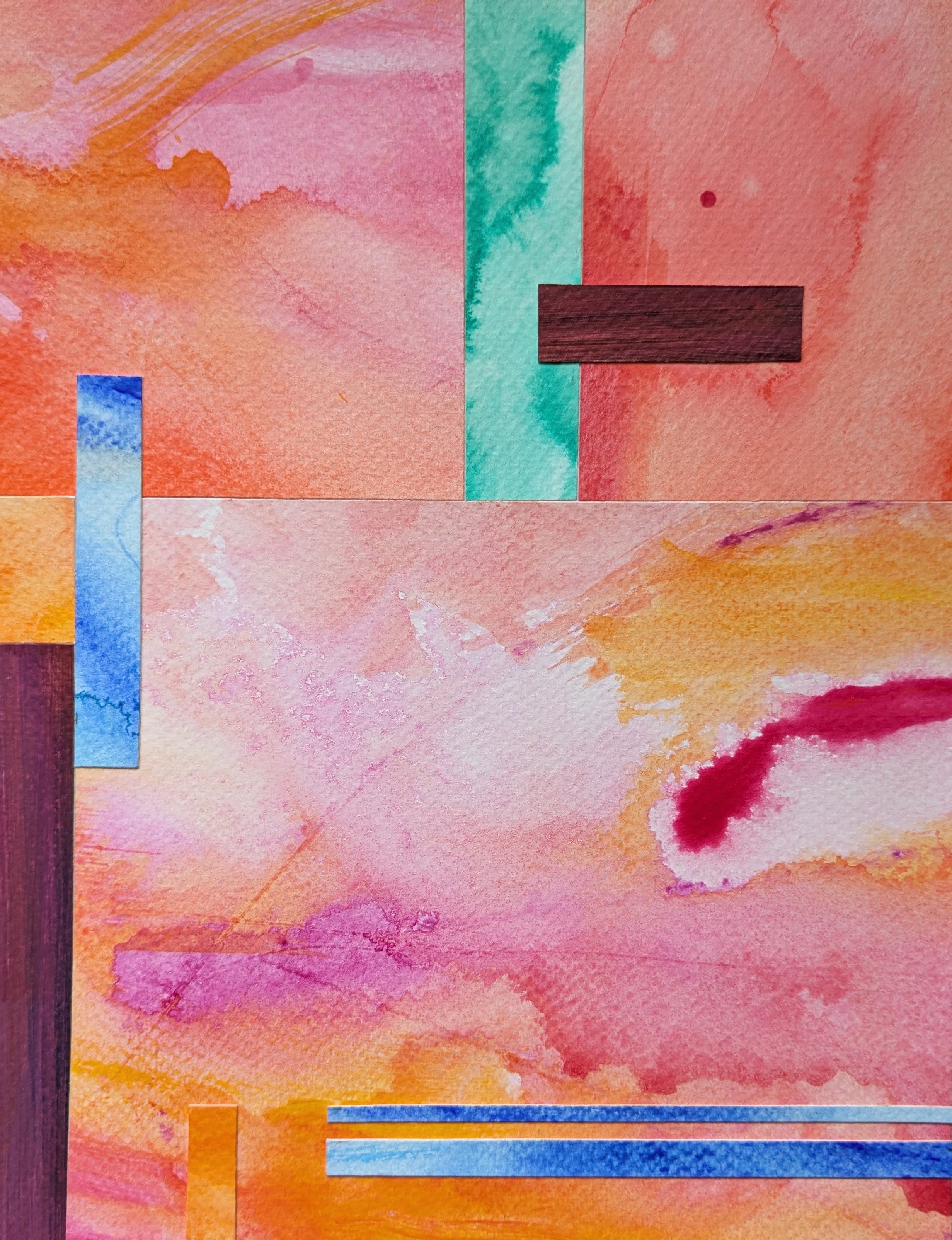 Abstract collage with layered acrylic paint and expressive marks on watercolor paper by Anna Mar.