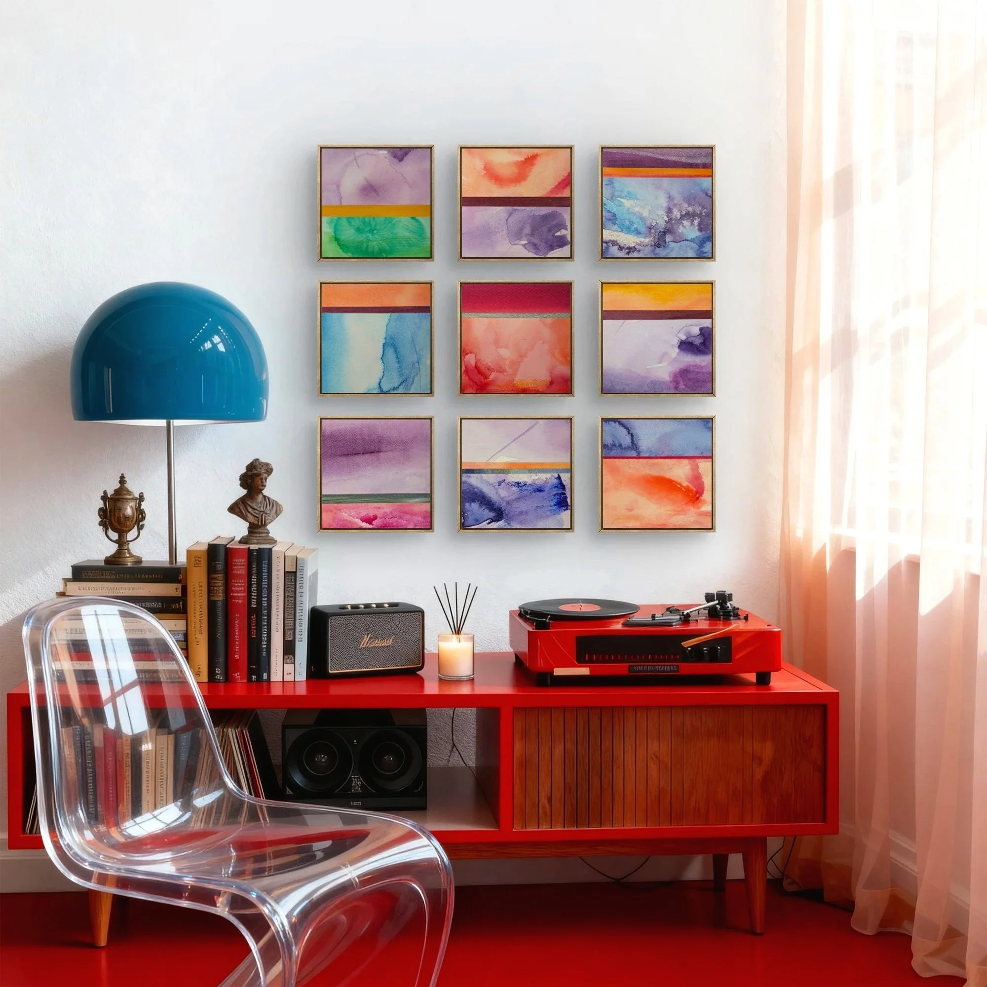 A collection of small original abstract collages by Anna Ma displayed together, featuring vibrant acrylic colors and hand-painted abstract marks on paper.