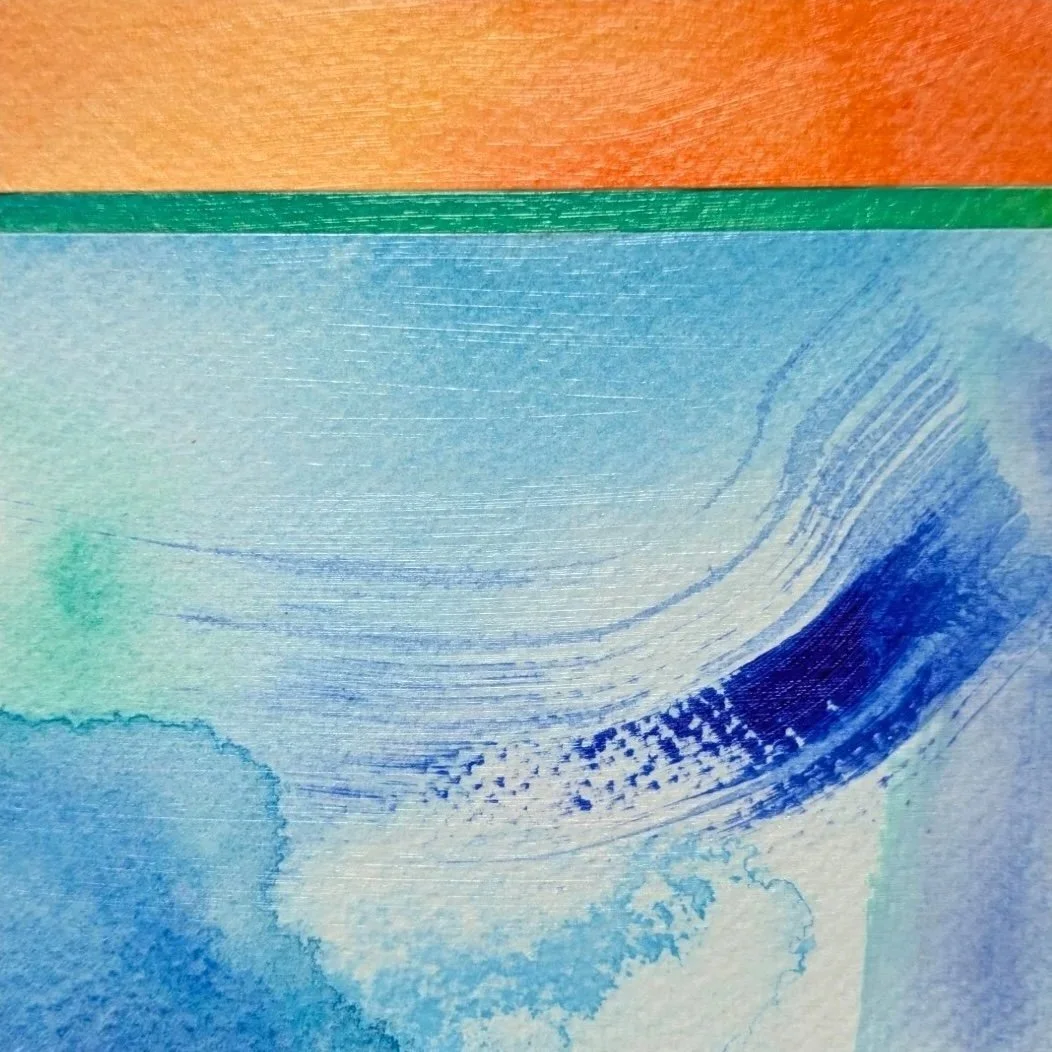 Original blue and pink orange collage, with organic shapes, acrylic on paper by Anna Mar.