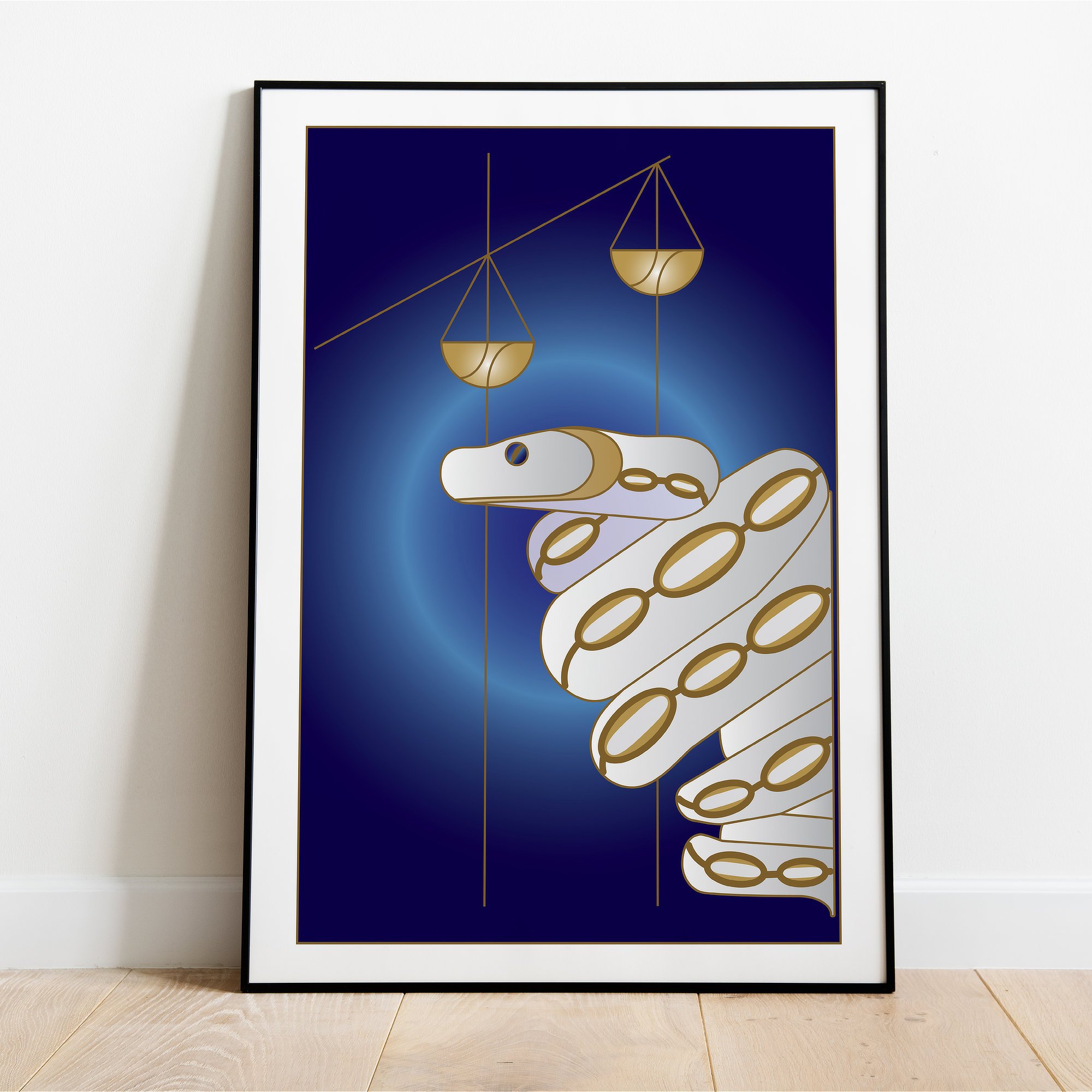 Fine art print of the Tribe of Dan, featuring the Balance and Viper  over a midnight blue background from the 12 Tribes Art collection by Anna Mar Art.
