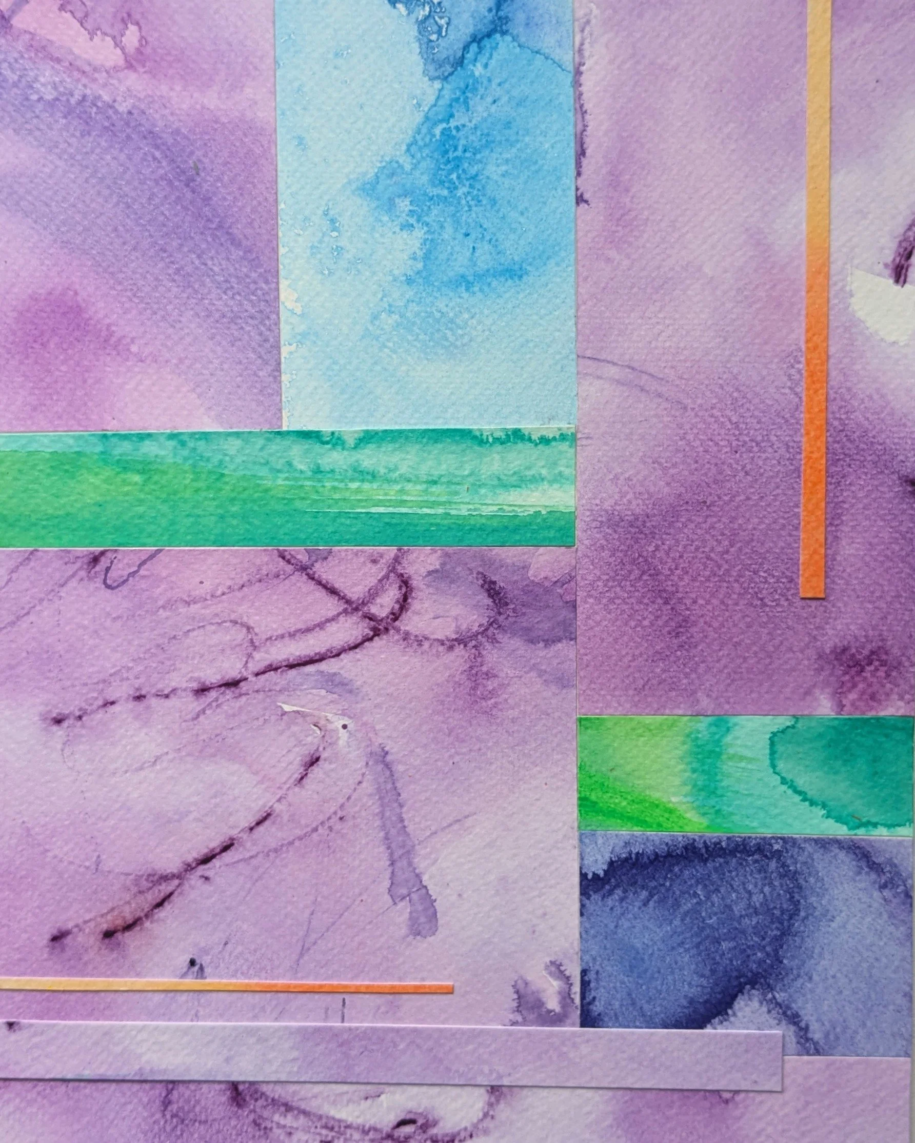 Purple, blue and green collage featuring expressive abstract marks and organic forms in acrylic by Anna Mar.