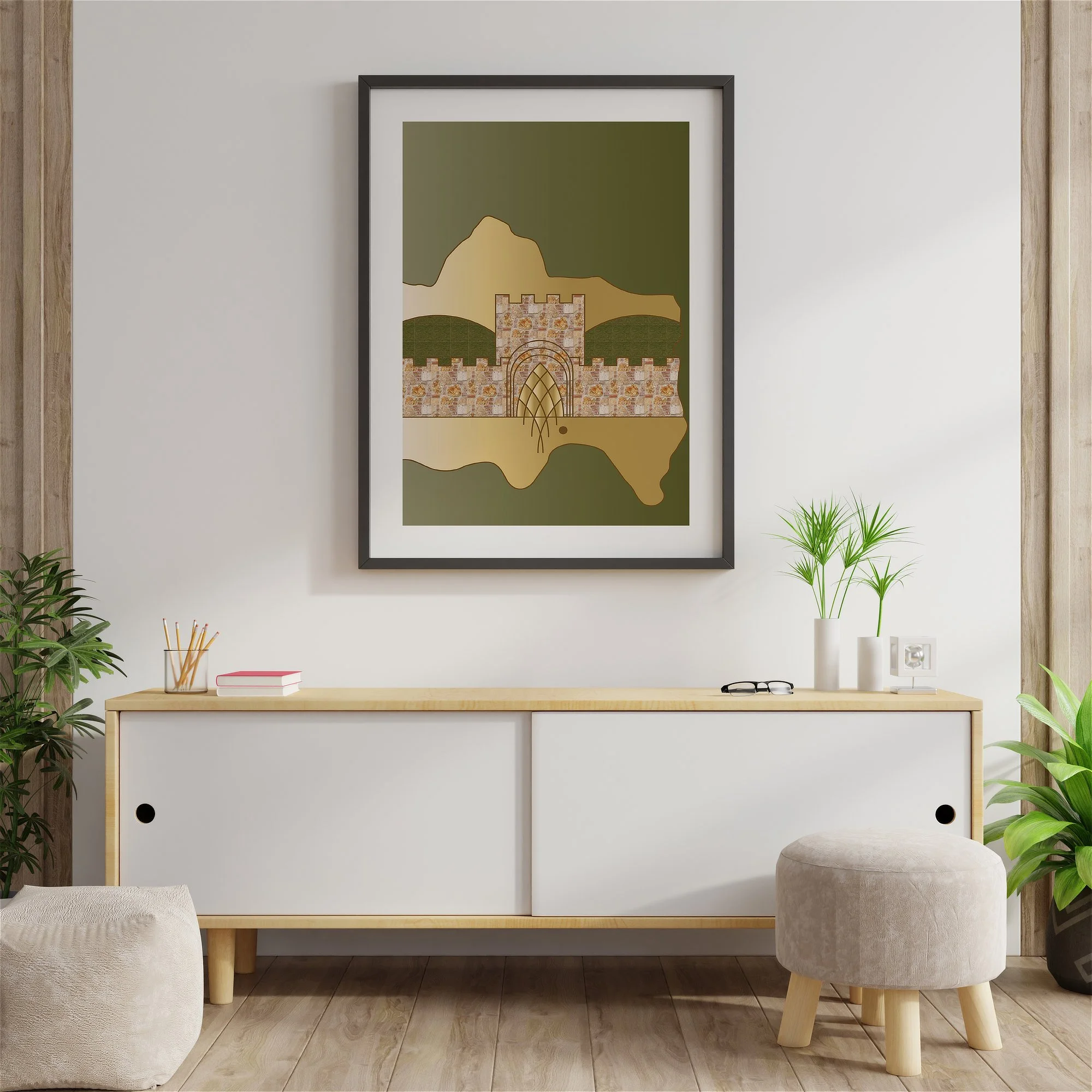 Fine art print of the Tribe of Simeon, featuring the City of Schechem over a green background rom the 12 Tribes Art collection by Anna Mar Art.