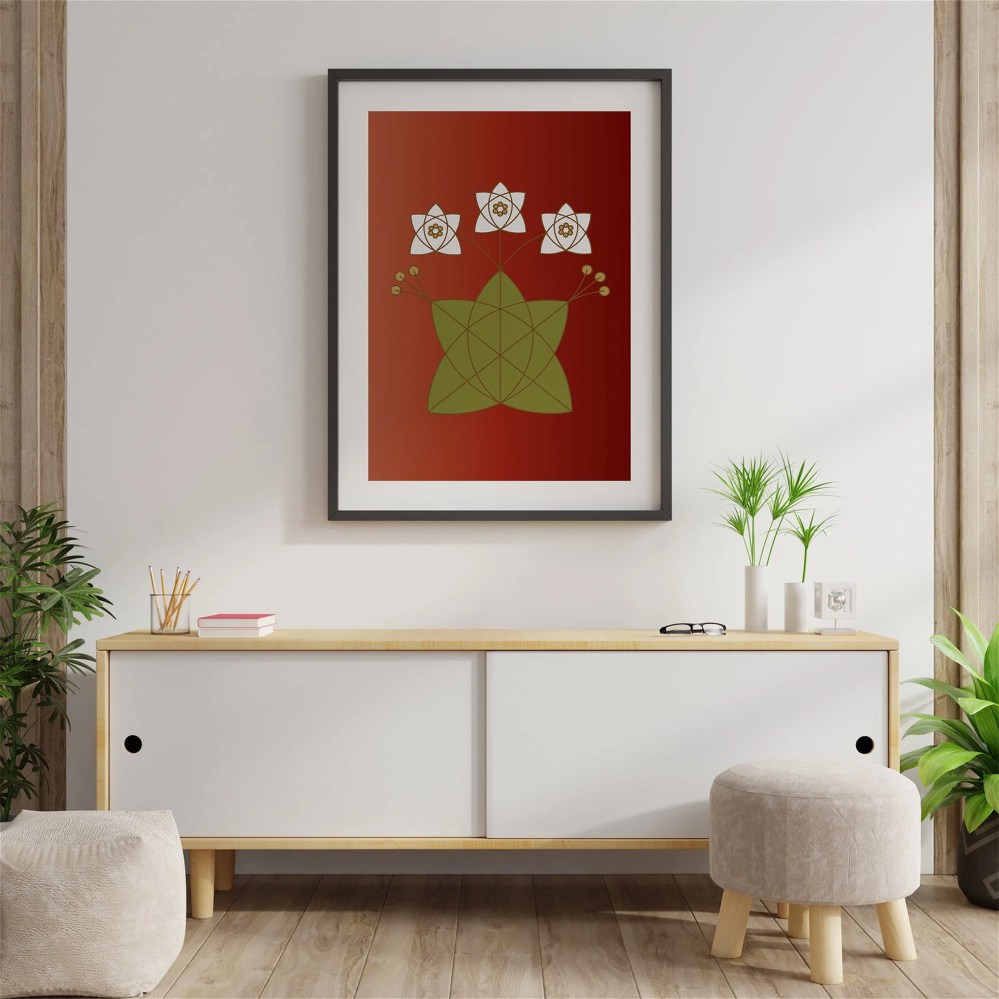 Fine art print of the Tribe of Reuben, featuring the Mandrake Flower in white over a red background.