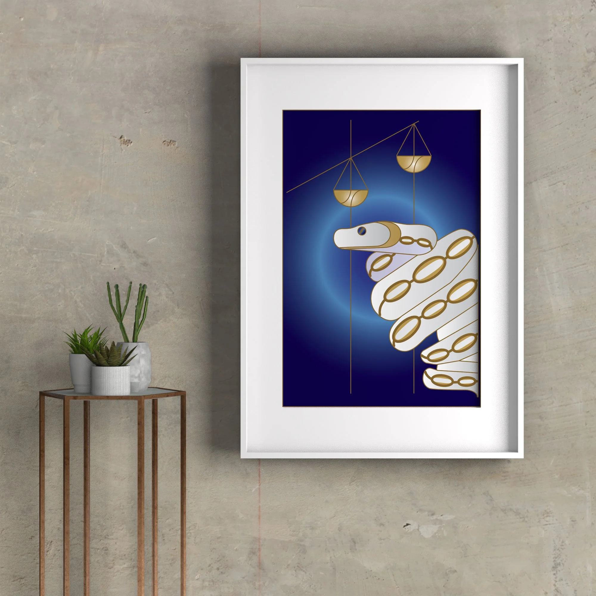 Fine art print of the Tribe of Dan, featuring the Balance and Viper  over a midnight blue background from the 12 Tribes Art collection by Anna Mar Art.