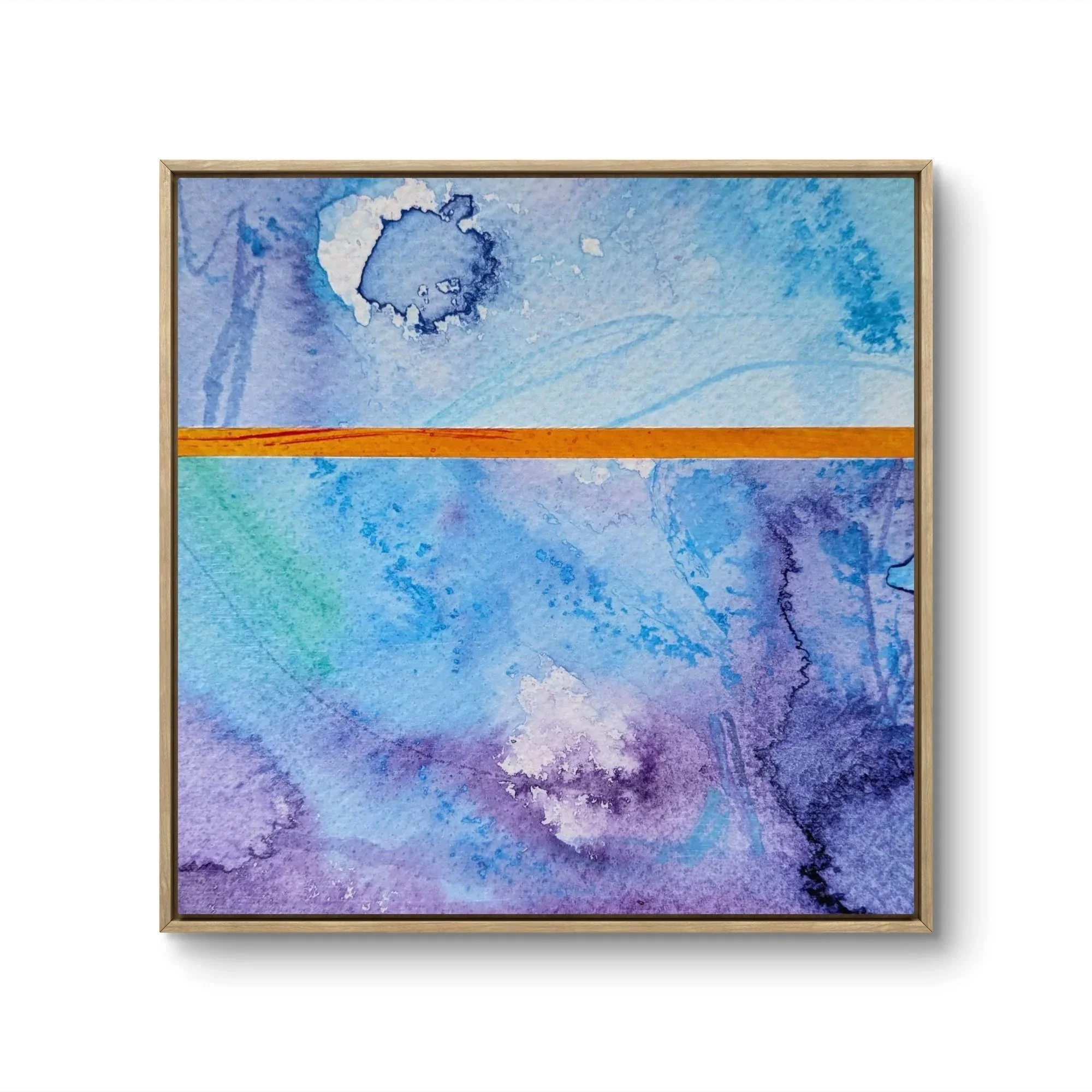 Small-scale blue and orange collage featuring expressive abstract marks and organic forms in acrylic by Anna Mar.