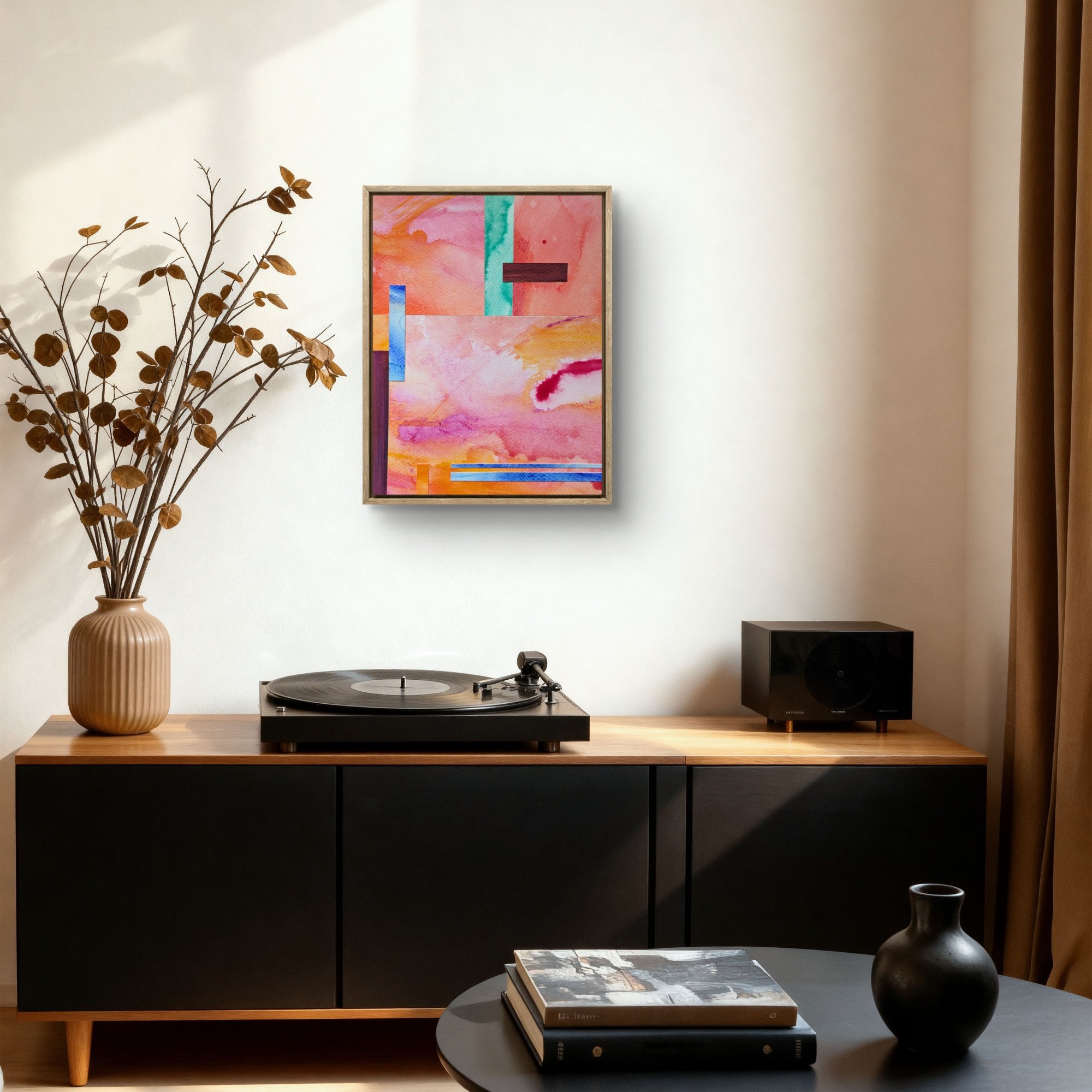 Pink and orange collage featuring expressive abstract marks and organic forms in acrylic by Anna Mar.