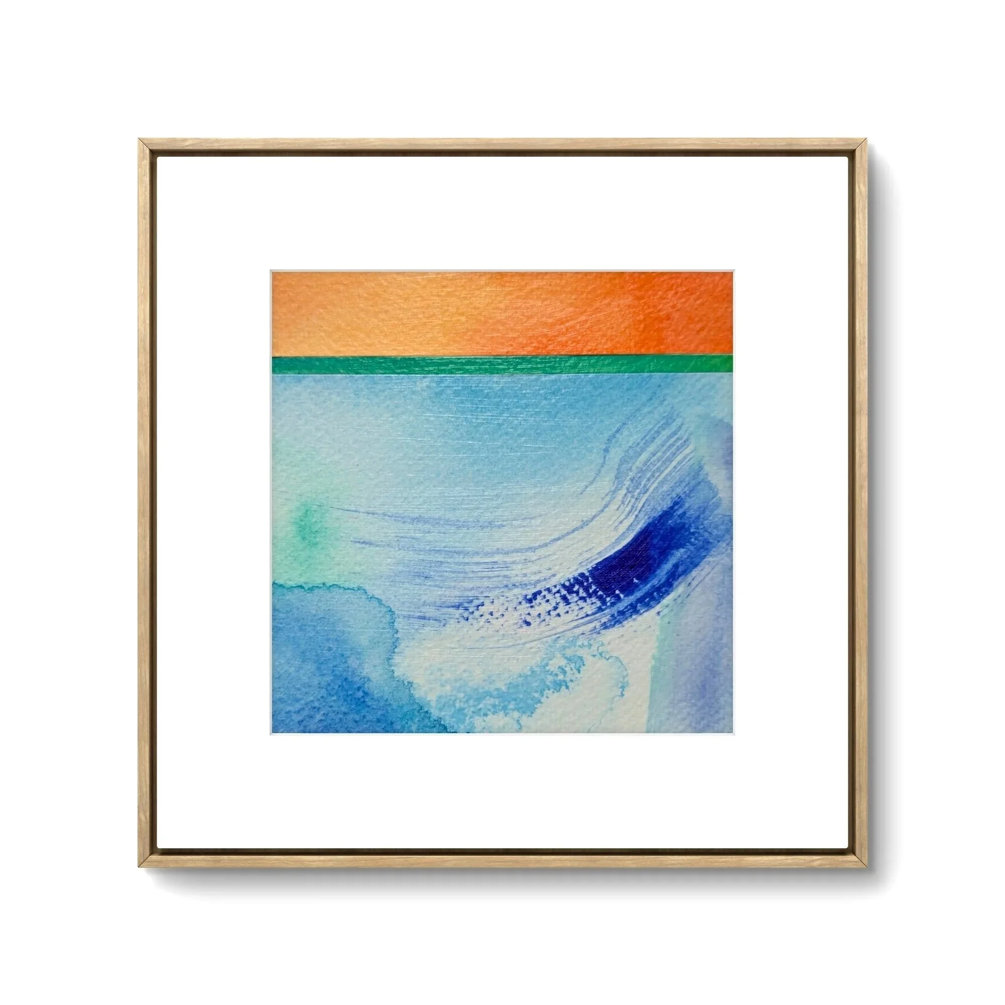 Small-scale blue and orange collage featuring expressive abstract marks and organic forms in acrylic by Anna Mar.