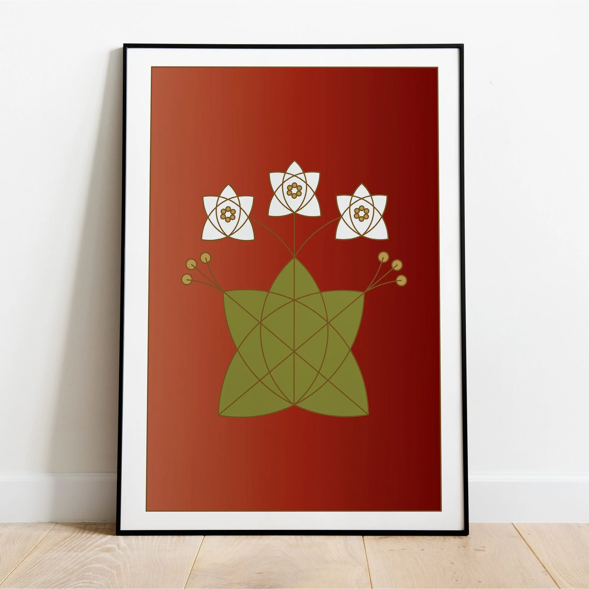 Fine art print of the Tribe of Reuben, featuring the Mandrake Flower in white over a red background.