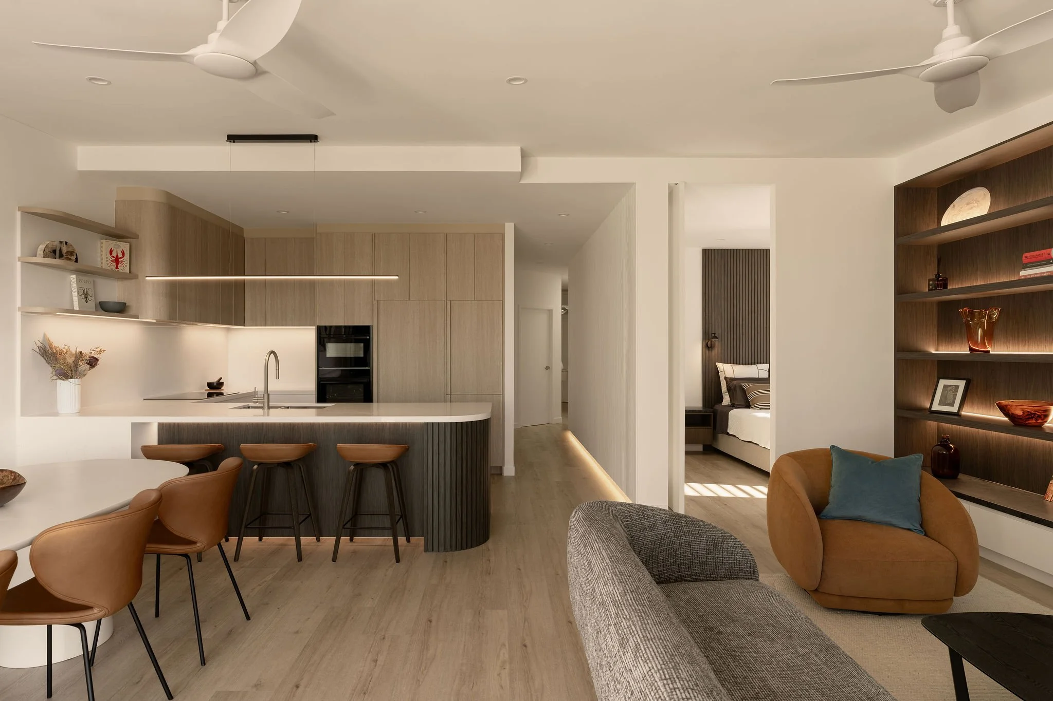 Sunshine Retreat, renovated open plan living space in Sunshine Beach with kitchen island, dining table and lounge