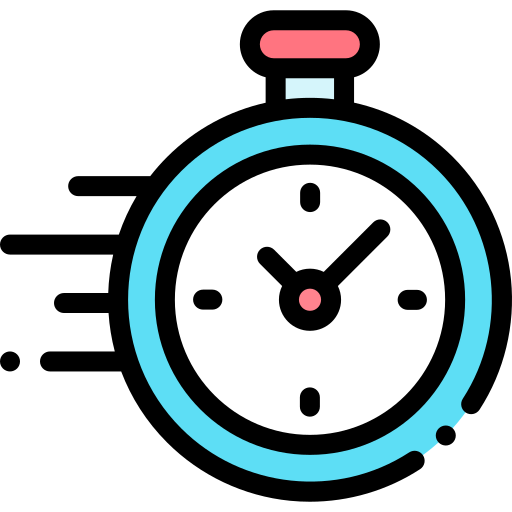 An illustration of a stopwatch with a blue border, white face, and pink button on top, showing the time around 1:05.