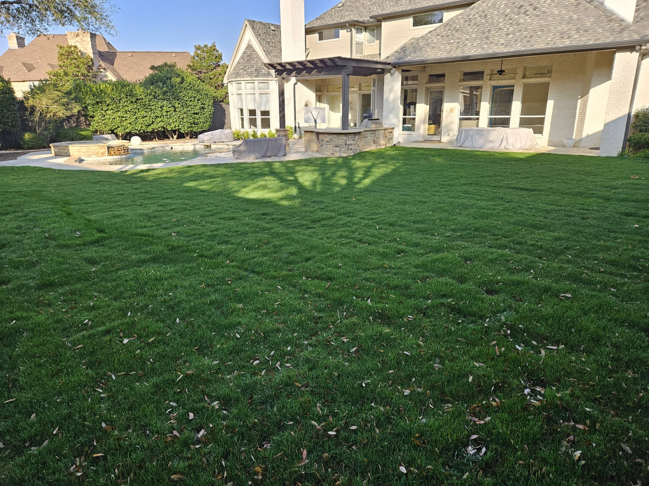 Backyard with green lawn, covered outdoor furniture, hot tub, and house with large windows and patio area.