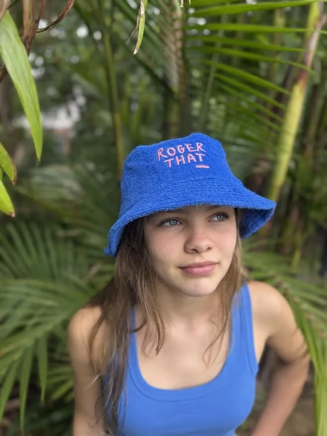 'Roger That' Terry Towelling Hat - Blue with Pink Logo