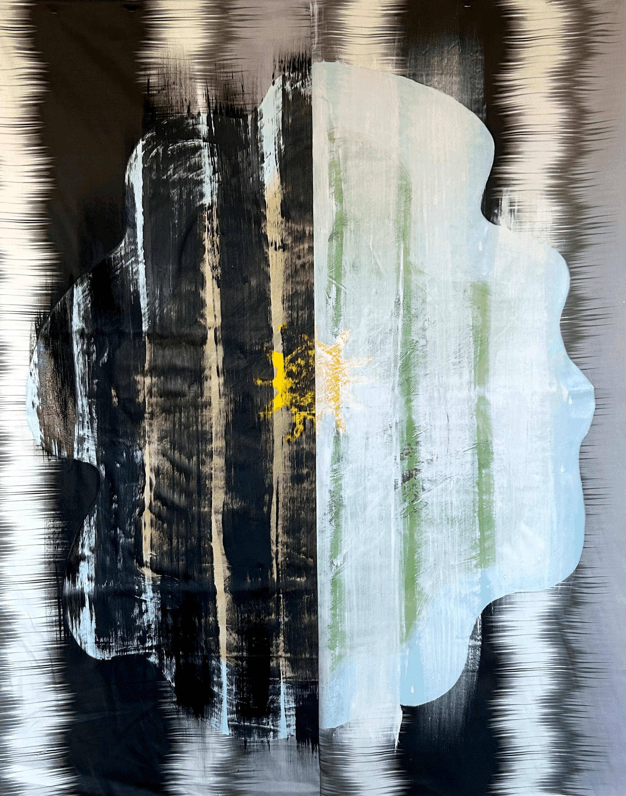 Studio March 2026 - Spring Equinox, cut paintings on printed fabric