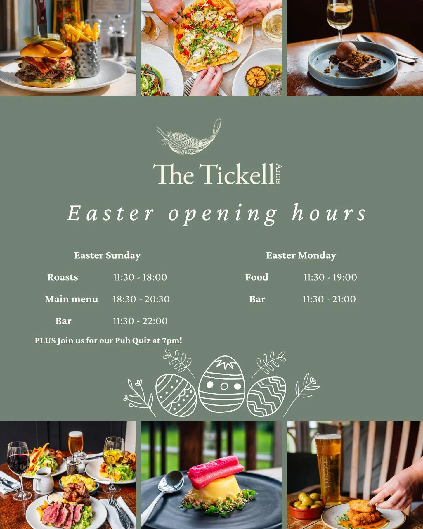 Join us this Easter 🐣

🍽️ We'll be serving our roasts from 11.30am through until 6pm on Easter Sunday.

🍺 Our bar will be open until 10pm on Easter Sunday and we have our pub quiz on from 7pm. Get your team booked in!

Get booked in for Easter and