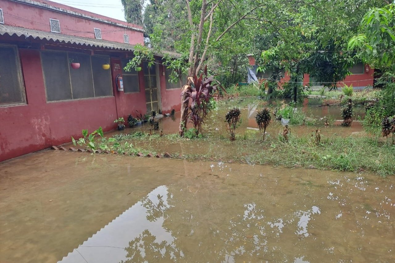 Flood waters surround the current staff housing blocks